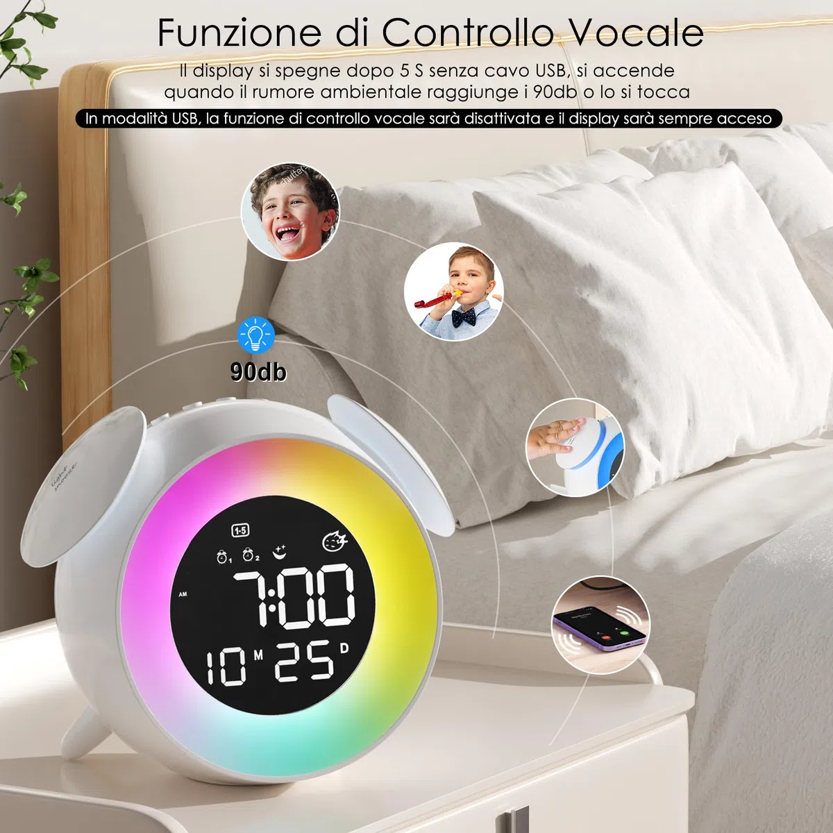 Sveglia Digitale per Bambini, Sveglia Bambini da Comodino con Doppio Allarme, 10 Colorate Luci, Snooze, Modalità Giorno della Settimana, 7 Suonerie, 12/24H per Ragazze Ragazzi