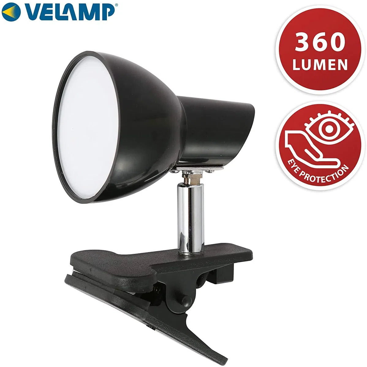Velamp CHARLY Spot Clip, Lampada Morsetto, Faretto LED con Pinza, 360 Lumen (5W) con Cavo ed Interruttore. per Camera Bimbo, Scrivania, Studio 5 W, Nero