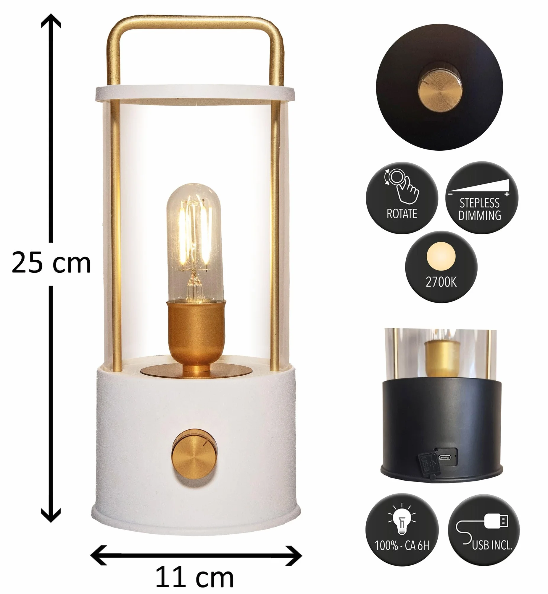 Coen Bakker Lampada da tavolo a LED dimmerabile, IP44, con USB, luce bianca calda, per interni ed esterni, 15 x 11 cm, colore: Bianco