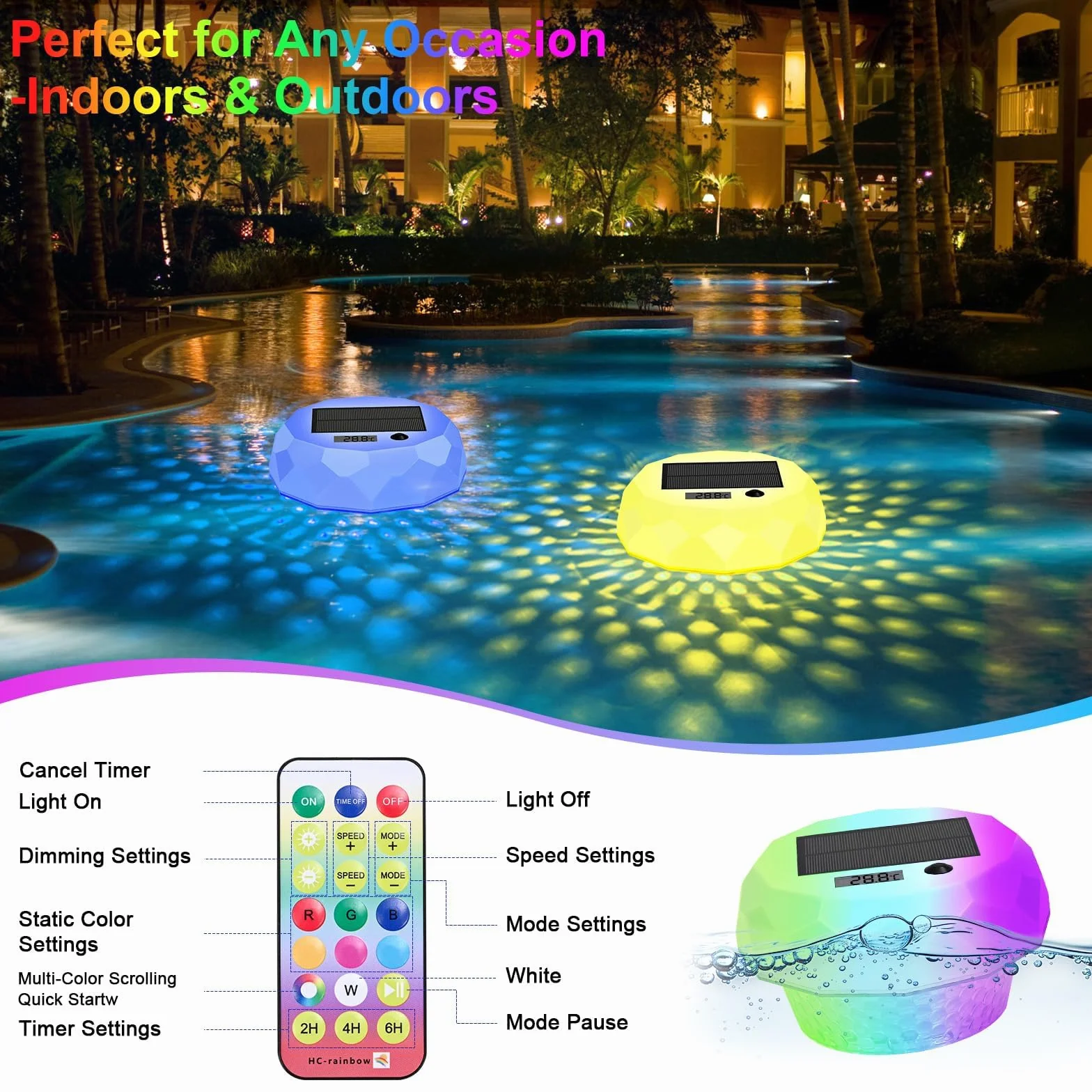 Luci Solari per Piscina con Termometro Digitale,Luci Galleggiante per Piscina Galleggianti Cambia Colore RGB con Telecomando Impermeabile IP68 per All'aperto Piscina Spa Festa Giardino