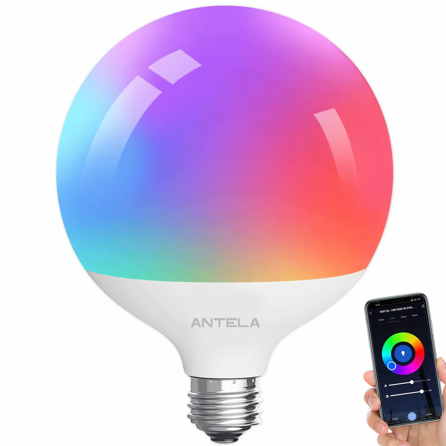 ANTELA Lampadine Alexa Inteligente WiFi G120 E27 1PCS, Dimmerabile Lampadina LED Smart 15W 1521ML, RGB & 2700K-6500K bianco freddo caldo, compatibile con Alexa/Google Home