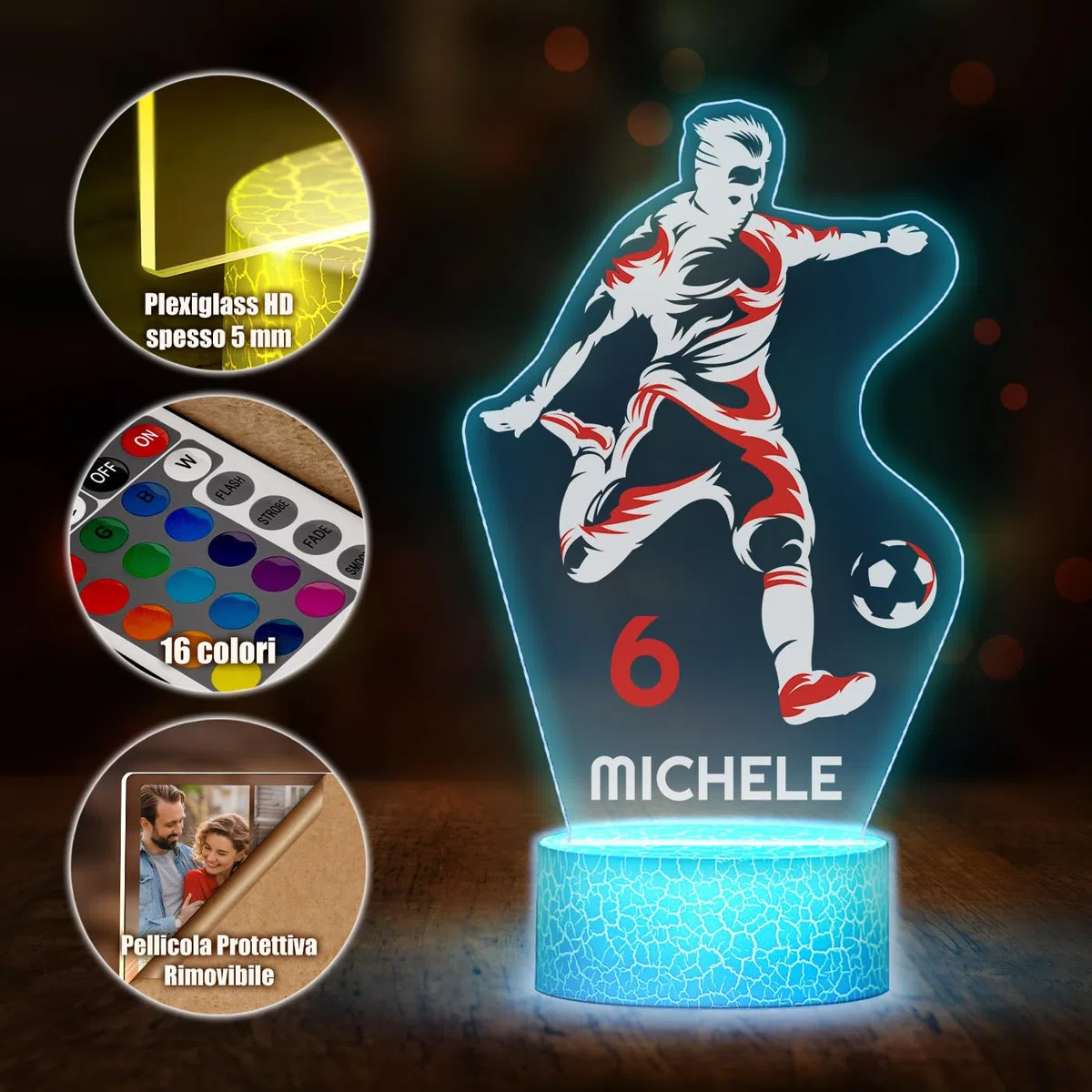 Maverton Lampada da notte personalizzata calcio - RGB 16 Colori - Regalo Comunione Maschio, Regalo Bambino 10 Anni Maschio, Regalo Comunione Bambino - Idea Regalo Compleanno per Ragazzi