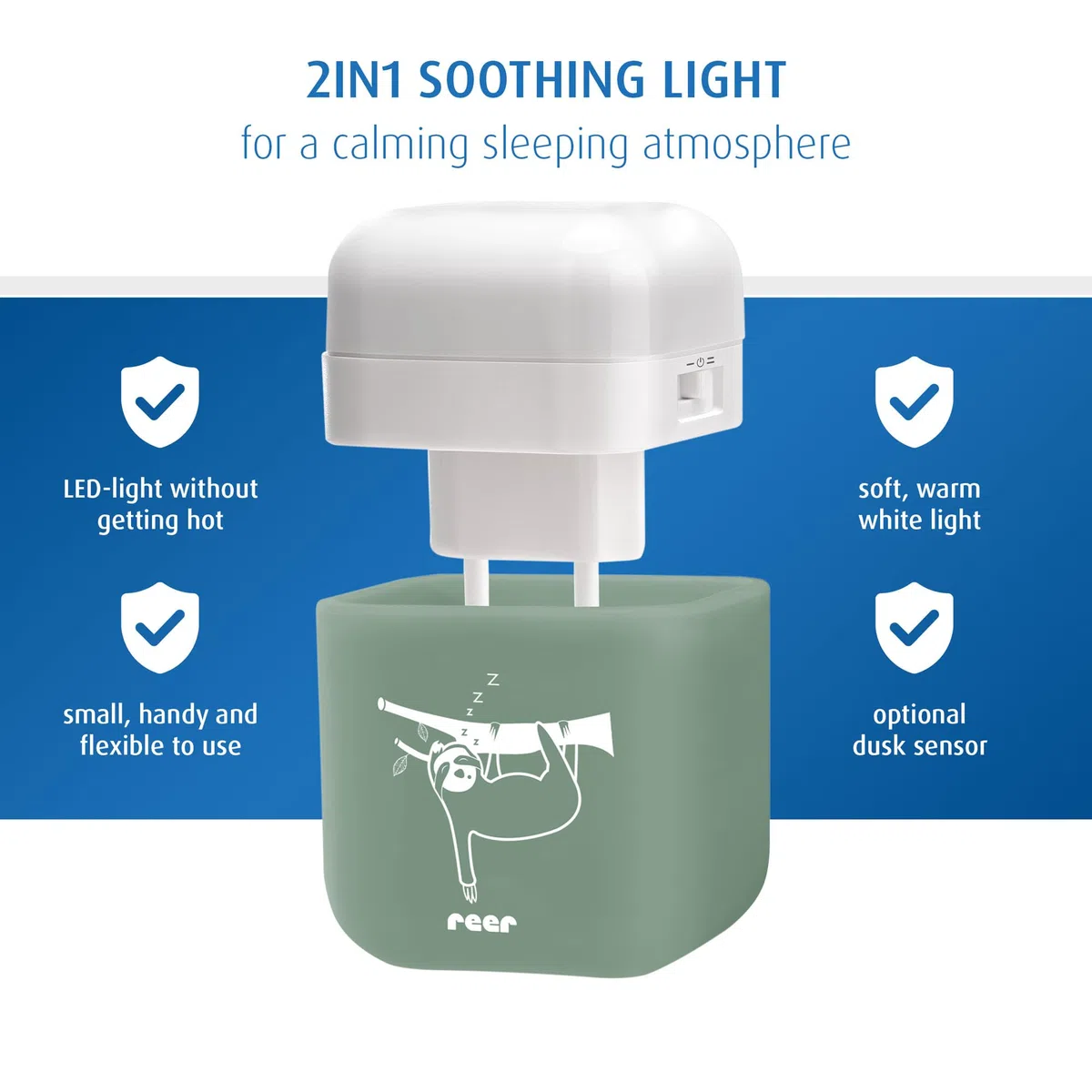 reer SleepLight 2 in 1, luce notturna per presa di corrente e con funzionamento a batteria, modalità on-off e sensore, luce d'atmosfera per bambini, eucalipto