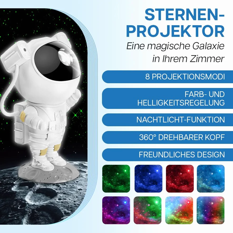 Proiettore astronauta cielo stellato per bambini – Proiettore astronauta con telecomando – Luce notturna per bambini 8 modalità – rotazione a 360° e timer – Decorazione per camera da letto