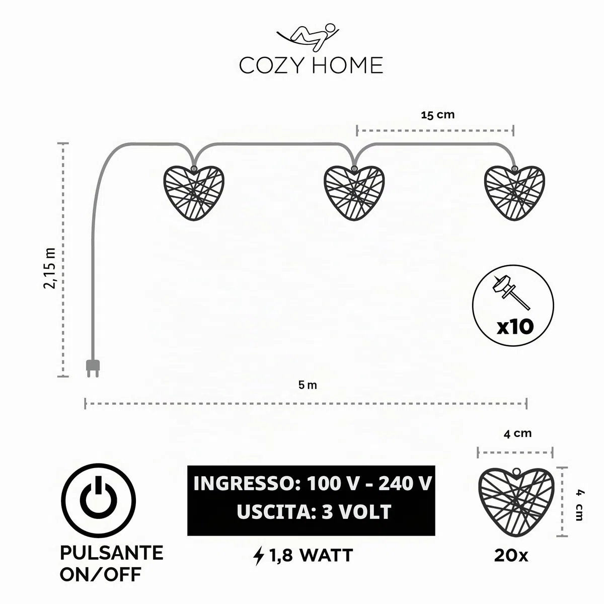Cobus CozyHome Lucine led decorative Cuore - 5 metri & 20 LED in bianco caldo I Con spina I Per interni I Filo led decorative Fairy lights Lucette decorazioni Luci natale interno