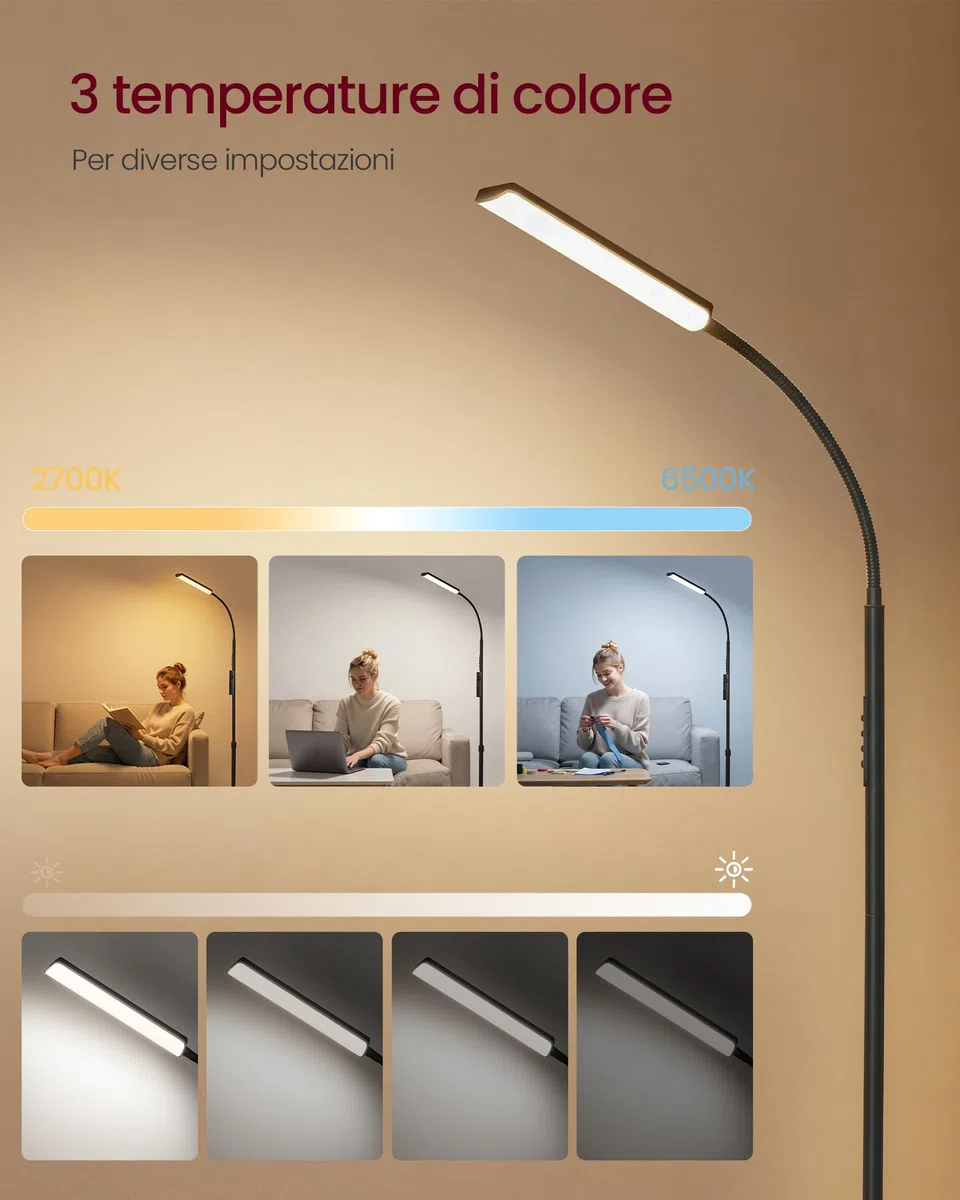 VASAGLE Lampada da Terra, Altezza Regolabile 141-175 cm, Piantana Moderna da 15 W con Testa Flessibile a 360°, Timer e Funzione di Memoria, Pulsante e Telecomando, Soggiorno, Nero Opaco LFL007BD02