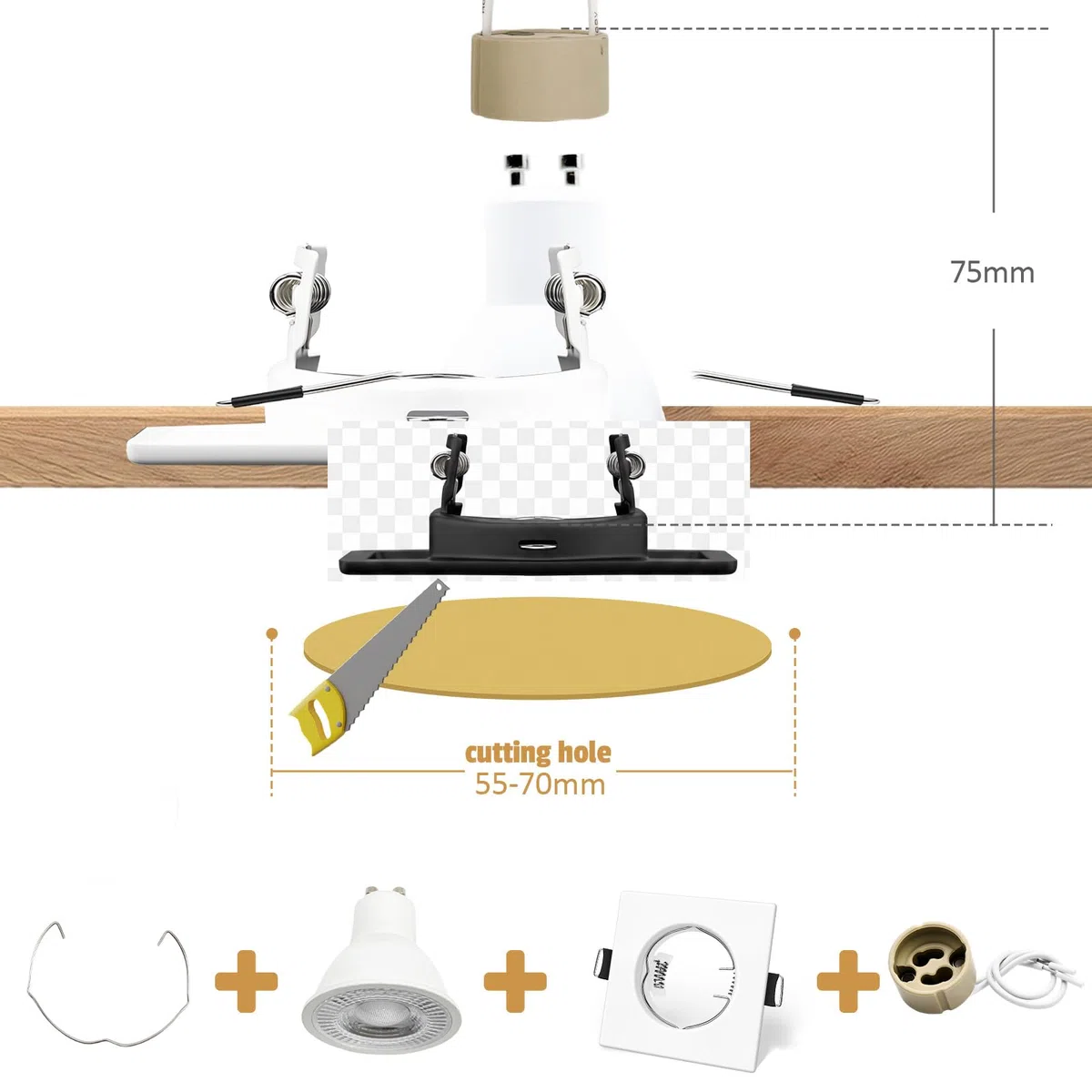 Confezione da 10 Telai Quadrati per Faretti a Incasso con Portalampada GU10 Certificato VDE – Bianco Opaco in Metallo (80x80 mm), Foro 55-70 mm, Incl. Molle e Anelli di Fissaggio – Lampadina Esclusa