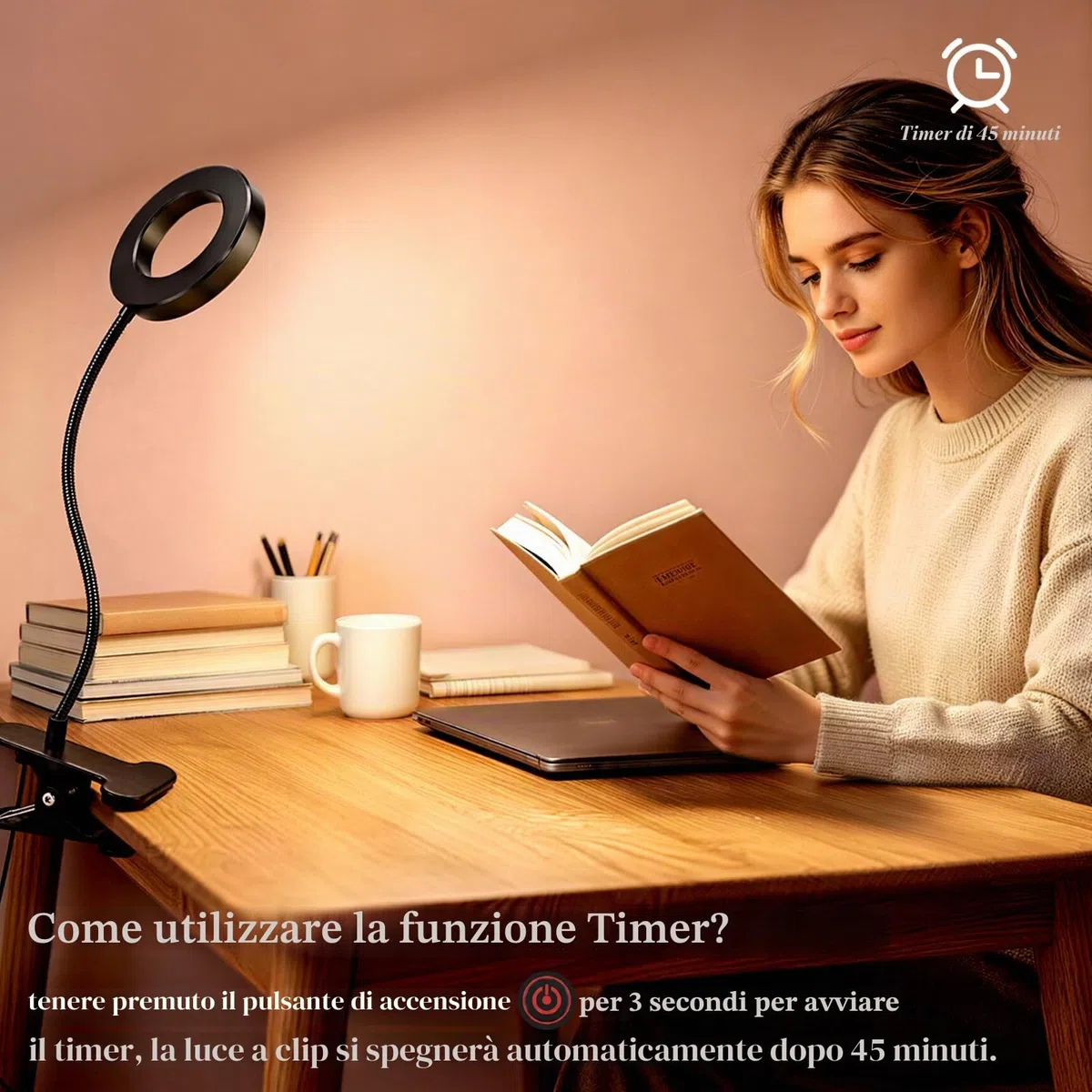 Akynite Lampada da Scrivania USB con Pinza e Timer, Adattatore incluso, 5 Colore 10 Intensità, Lampada Pinza Nera, 48 LED Lampada con Clip, Flessibile Lampada da Lettura Letto