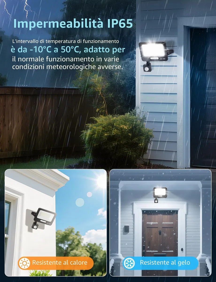 Aigostar- 30W Faretto Led da Esterno con Sensore di Movimento, Faro LED Esterno, 2750LM, Bianco Freddo 6500K, IP65 Impermeabile, Faretti LED per Giardino, Cortile, Patio, Garage, Confezione da 2