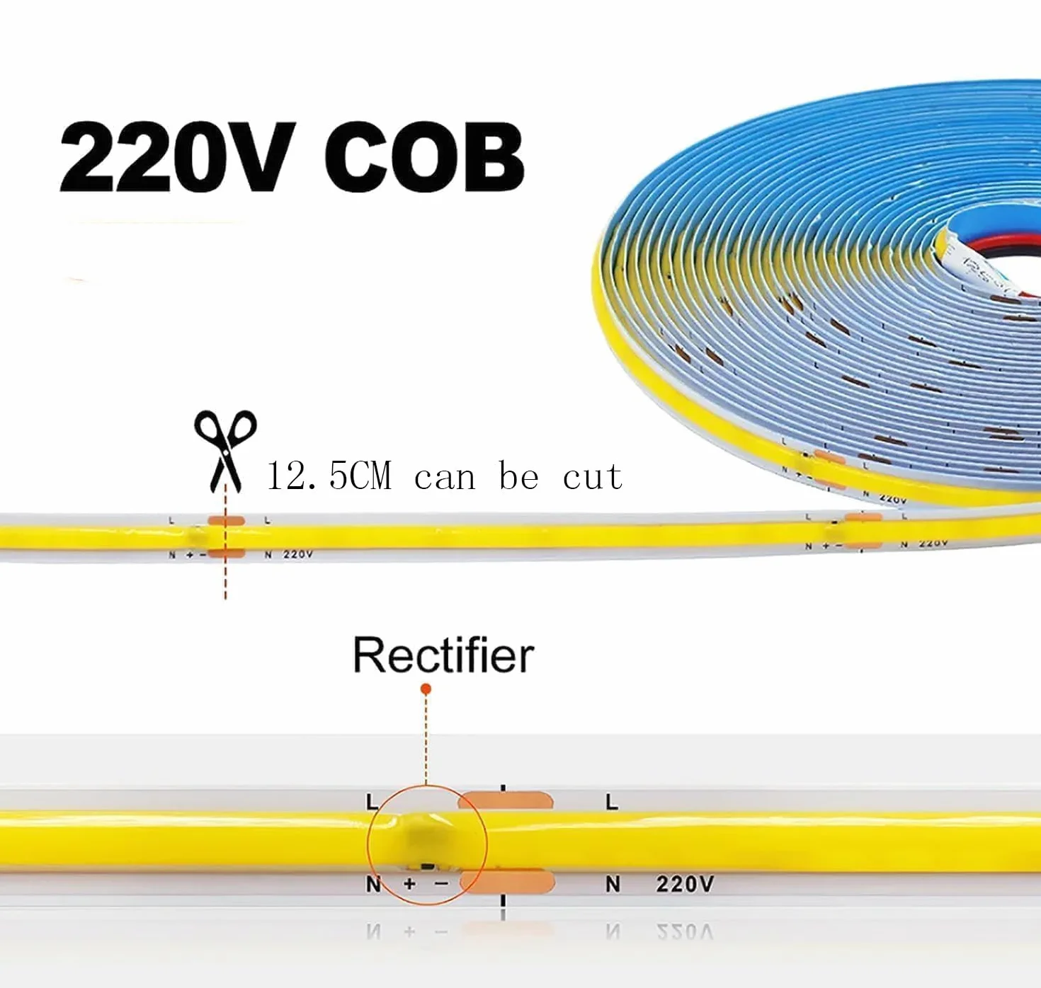 Striscia COB da 5 m AC 220 V, 296 leds/M, IP20, 3000 K, 4000 K, 6000 K, pilota costruita in decorazione per la casa, flessibile, corda a LED (5 m, 6000 K, bianco freddo)