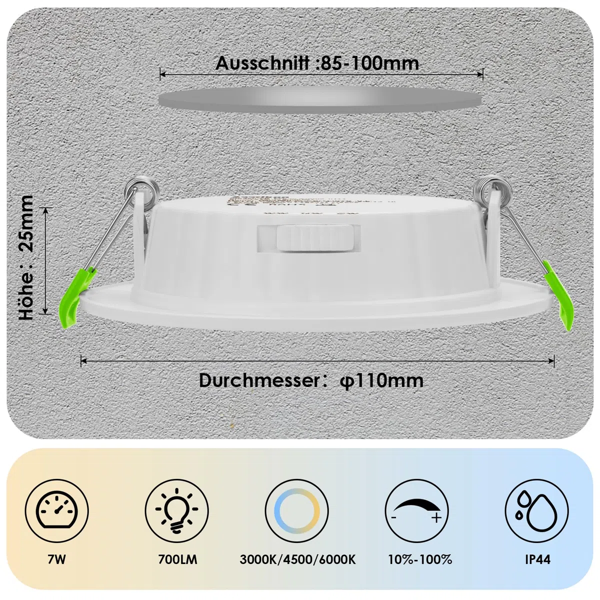 Faretti LED da incasso da 230 V, dimmerabili, 7 W, set da 6 faretti da incasso da soffitto, foro Ø 85-100 mm, IP44, ultra piatti, per bagno e soggiorno