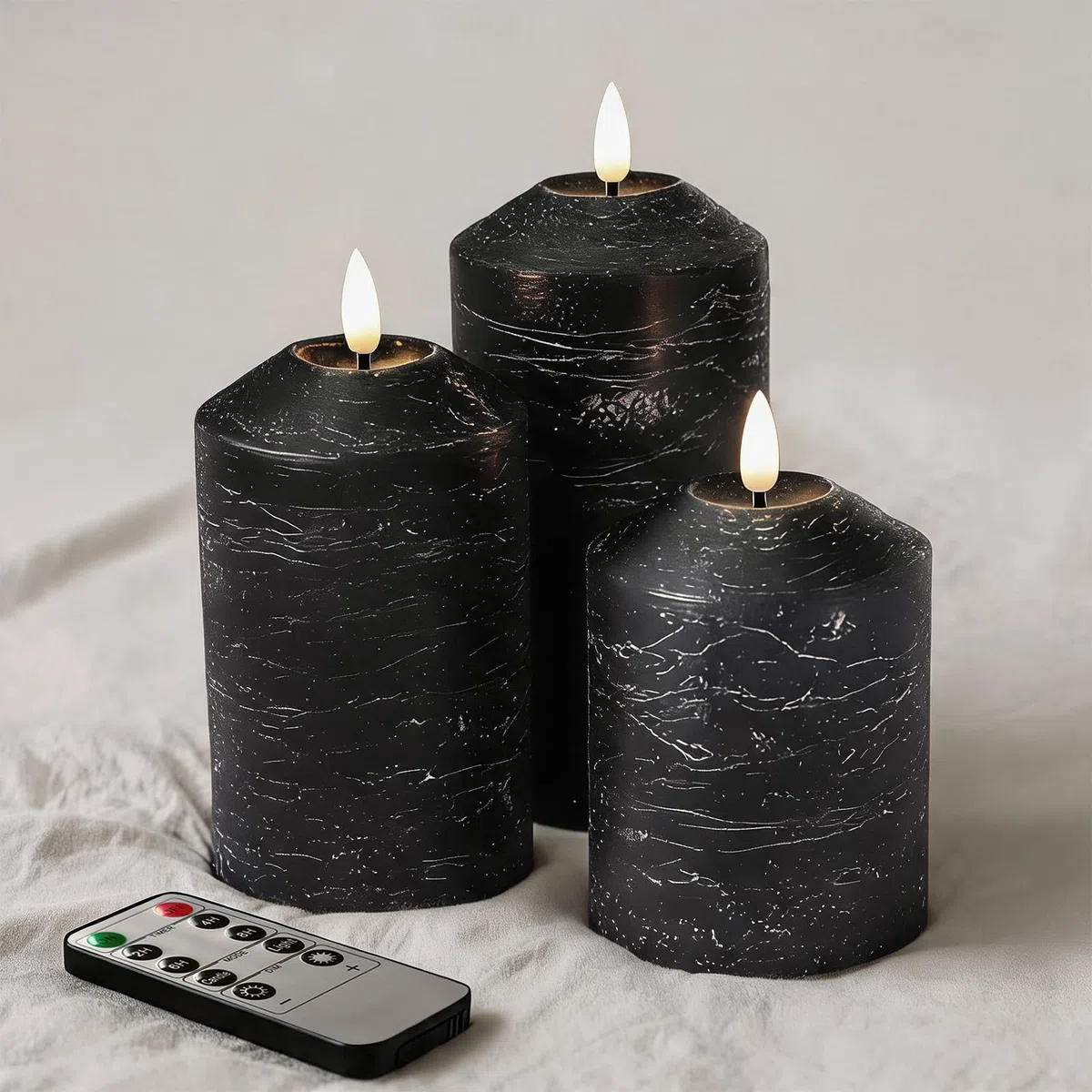 Candele LED Senza Fiamma set 3,Real Wax Pilastro, Candela a Batteria Senza Fiamma con Timer e Telecomando Candele LED per festa, decorazione abitativa, campeggio, matrimoni (Nero)