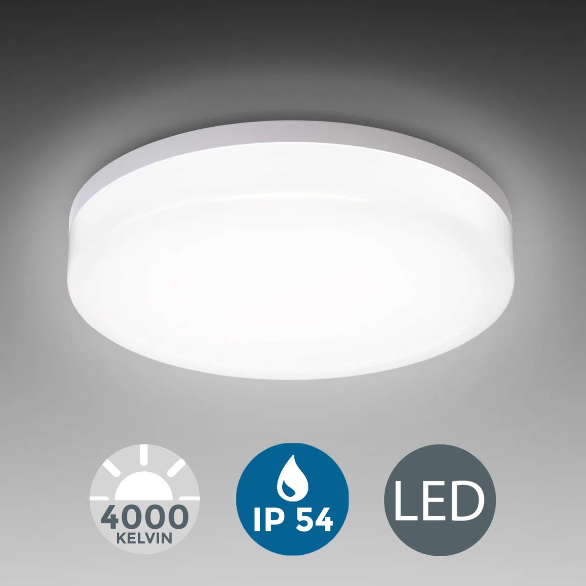B.K.Licht Plafoniera LED, lampadario bagno a luce bianca naturale 4000K, 13W, 1600 Lm, lampada da soffitto resistente agli schizzi d'acqua IP54, plafoniera diametro 22cm, plastica, 230V
