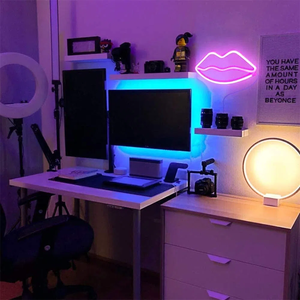 ENUOLI Pink Lip Insegne al neon Luce notturna al neon Applique da parete al neon Led Arte decorativa Luci al neon Lampada a led a batteria o USB per la festa di Natale Compleanno Matrimonio
