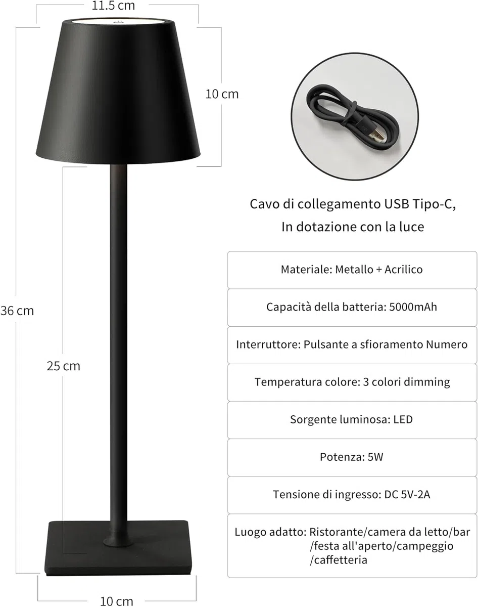 2 Pezzi Lampada da Tavolo LED Ricaricabile Senza Fili – Dimmerabile Touch, 2400mAh, 3 Tonalità (2700K-6000K), Design Moderno per Interno ed Esterno, Camera da Letto, Soggiorno, Giardino, IP54 (Nero)