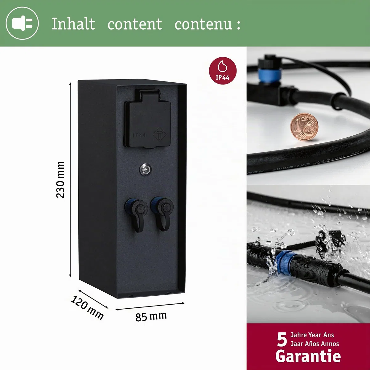 Paulmann 94701 Lampada esterni Plug&Shine accessorio colonna per prese elettriche Rio sensore crepuscolare IP44 antracite 2x 230V 2x Plug & Shine 24V
