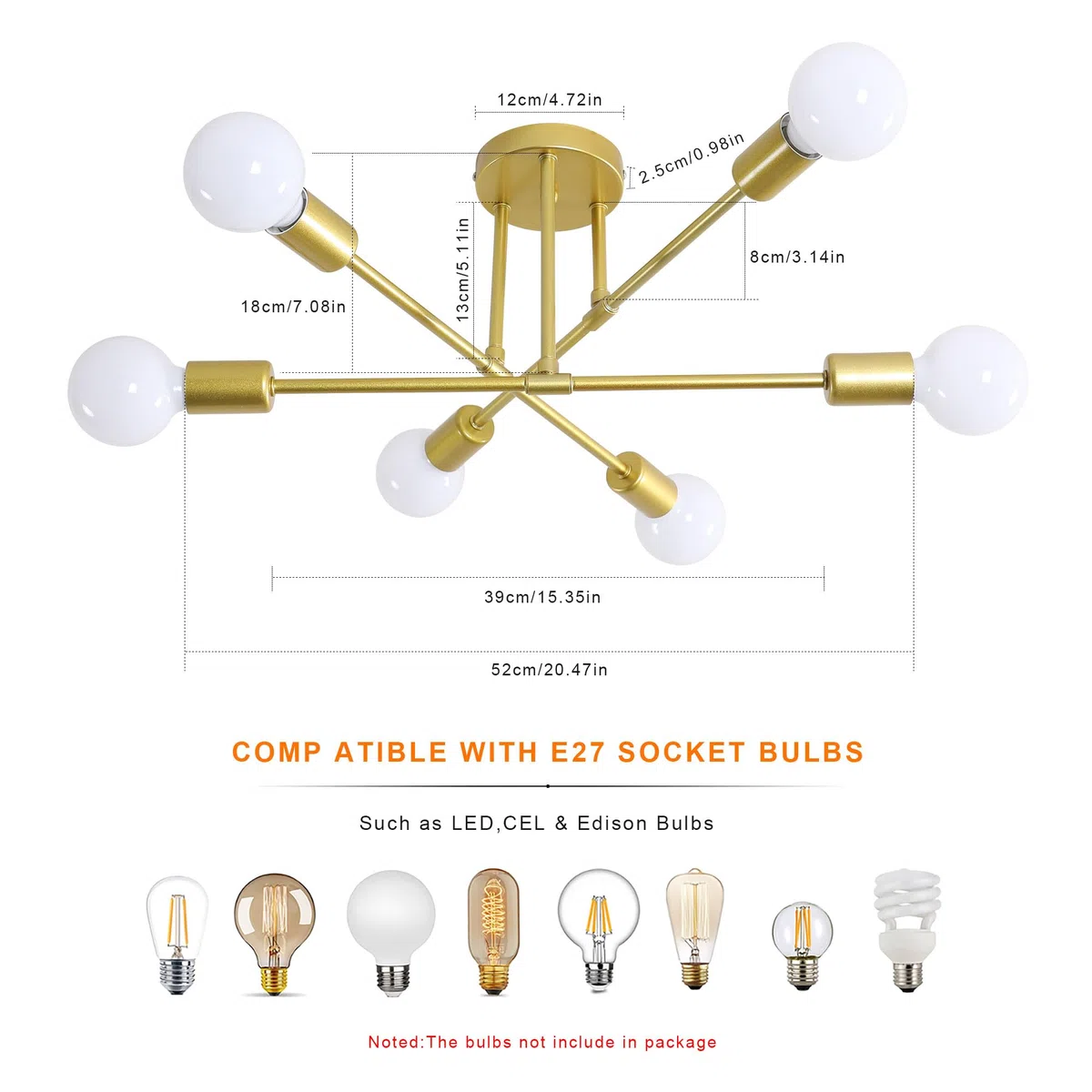 Comely Plafoniera Sputnik Moderno, 6 Luci E27 Lampadario Industriale in Metallo, Oro Lampada da Soffitto Retrò per Soggiorno Camera da Letto Cucina Ristorante