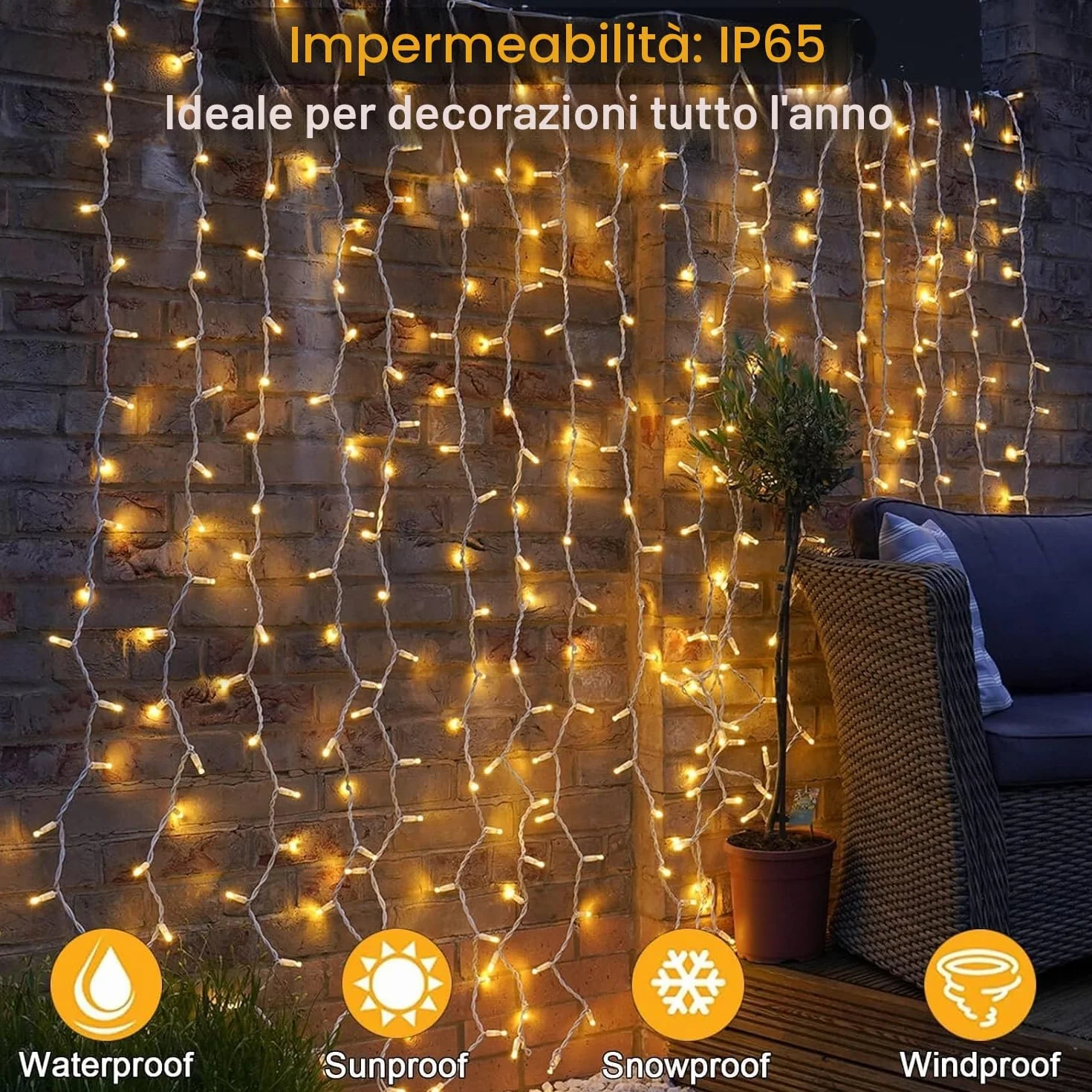 yowin Tenda Luminosa Esterno Interno 6m x 3m 600 LED Cascata Luci Impermeabile IP65 con Timer, 8 Modalità Luci Tenda con Presa per Matrimonio, Gazebo, Finestra, Parete, Giardino - Bianco Caldo