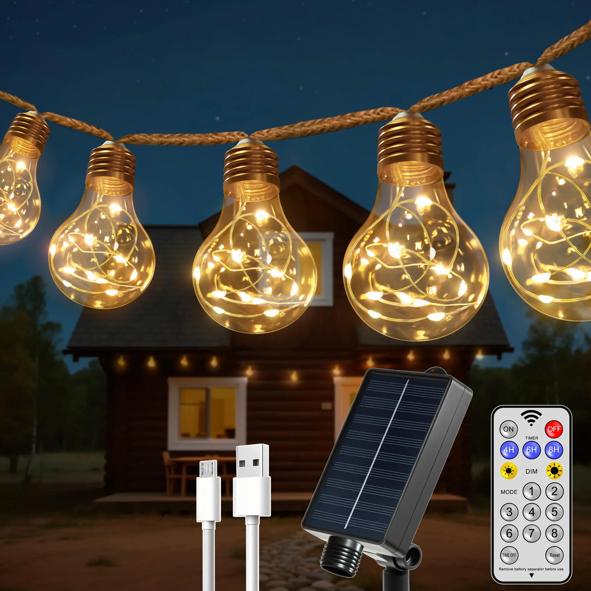 HeiPard Catena di luci solari per esterni, 8,5 m, 16 lampadine, A60 LED, vintage, USB, 8 modalità, IP45, impermeabile per esterni, bianco caldo, decorazione per esterni, per giardino, balcone