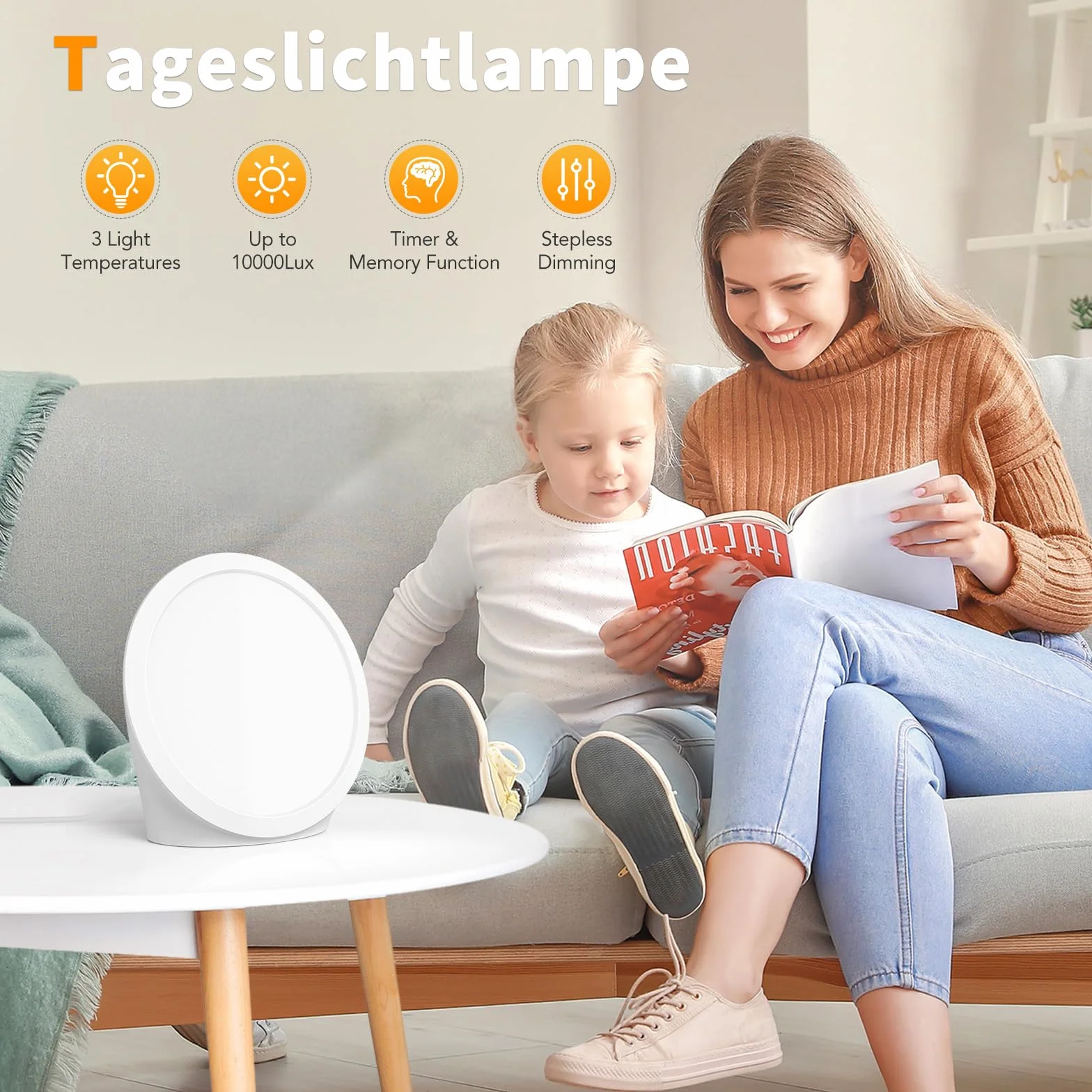 Lampada di Luce Diurna 10000 Lux UV-Free con 3 Temperature di Colore, 5 Livelli di Luminosità, 6 Timer e Funzione di Memoria, Lampada luce Diurna per Casa Ufficio