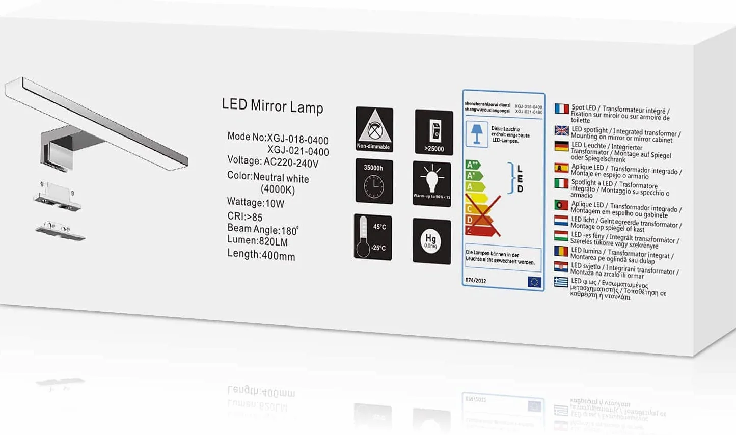 Lampada da Specchio a LED per Bagno,10W,820LM,40cm,Bianco Neutro,4000K,Montaggio 3 in 1,IP44,230V,400mm,Senza Tremolio,Lampada da Specchio per Armadio da Bagno