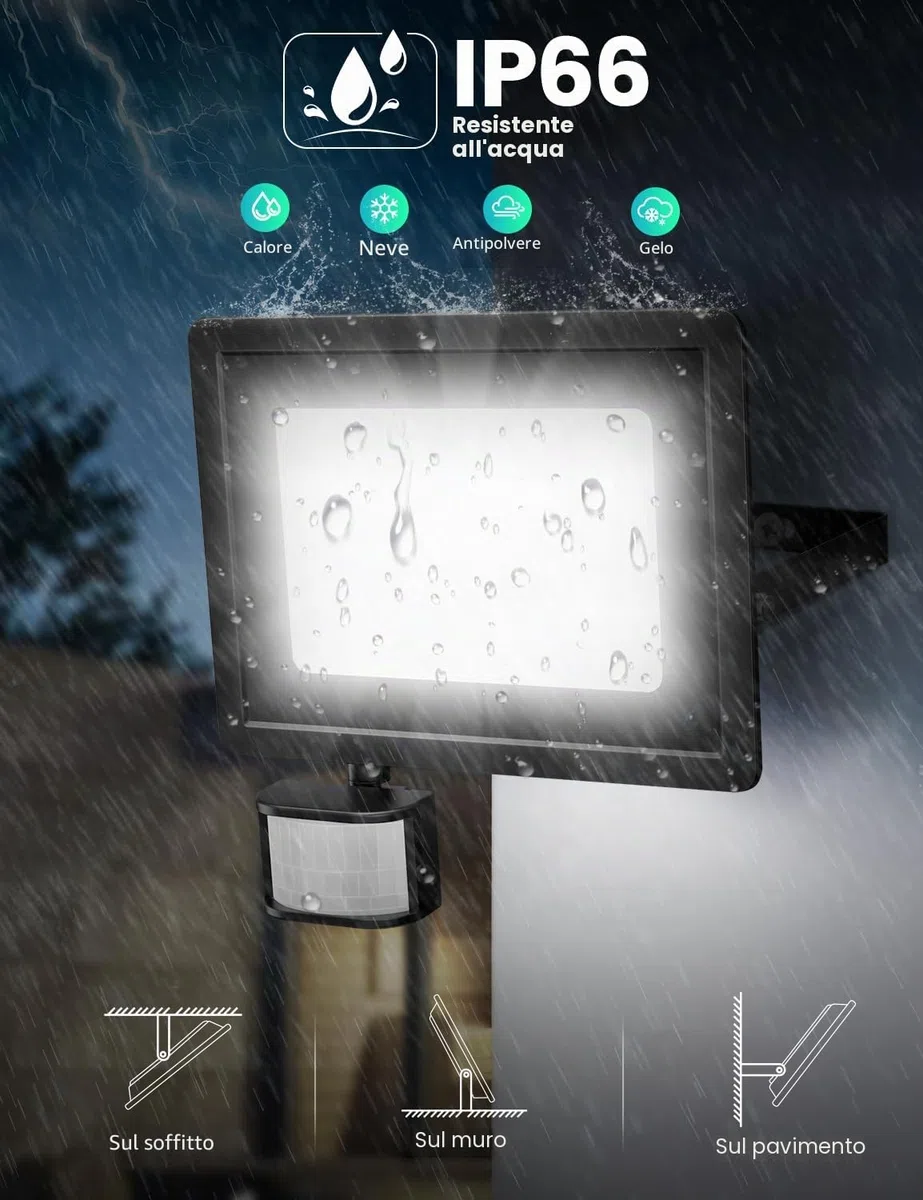 Faretto LED da Esterno con Sensore di Movimento 25W, 48 Led 3000K/4000K/6500K IP66 Impermeabile, Telecomando, 2100LM Luci Faretto LED Interno ed Esterno per Giardino, Cortile