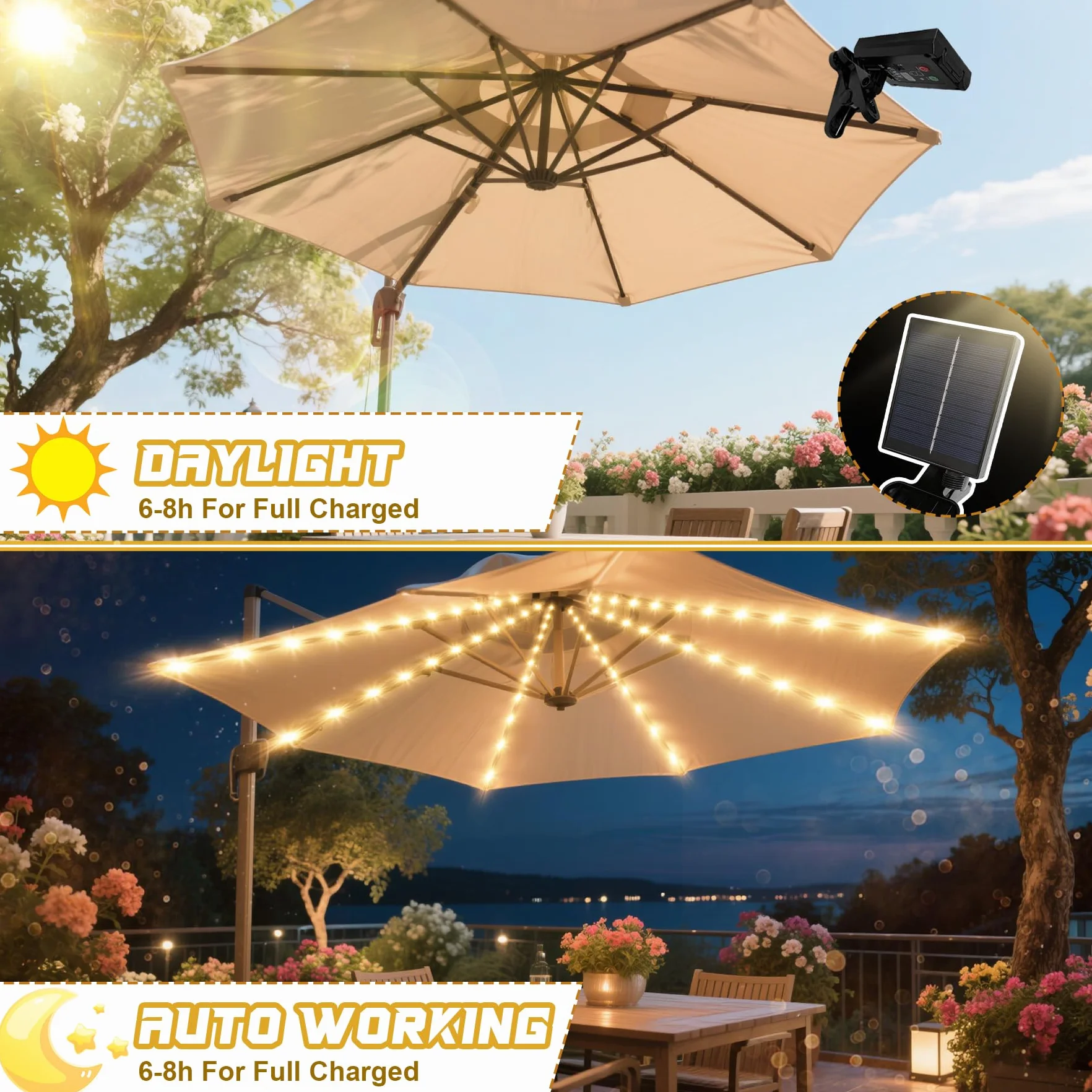 VEEKAY Luci Solari per Ombrellone,Llluminazione Solare per Ombrellone,104 LED Luci per Ombrelloni da Esterno,Telecomando,IP67 Impermeabile Catena di luci,8 Modalità di Luminosità,per Esterni,Patio