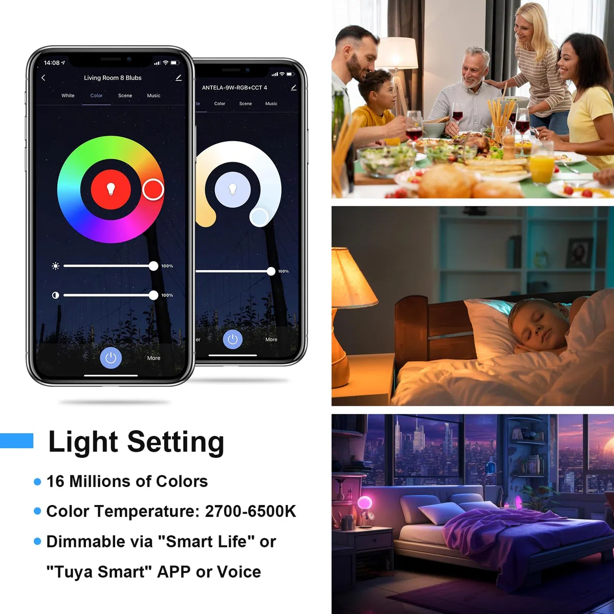ANTELA Lampadina Wifi Intelligente LED Smart Multicolore, E14, 8W 80W equivalente, Dimmerabile RGB & 2700K-6500K, Compatibile con Alexa e Google Home, Telecomando con APP, 2 pezzi