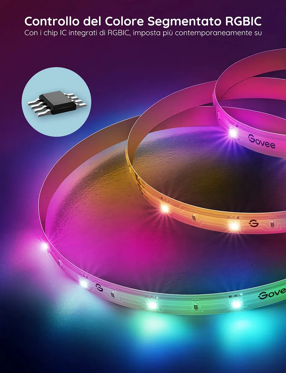 Govee Striscia LED 5 Metri, Strisce RGBIC Funziona con Alexa Google Assistant e APP, DIY Segmentato Sync Musicale per Luci LED Camera da Letto, Soggiorno, Cucina, Giochi