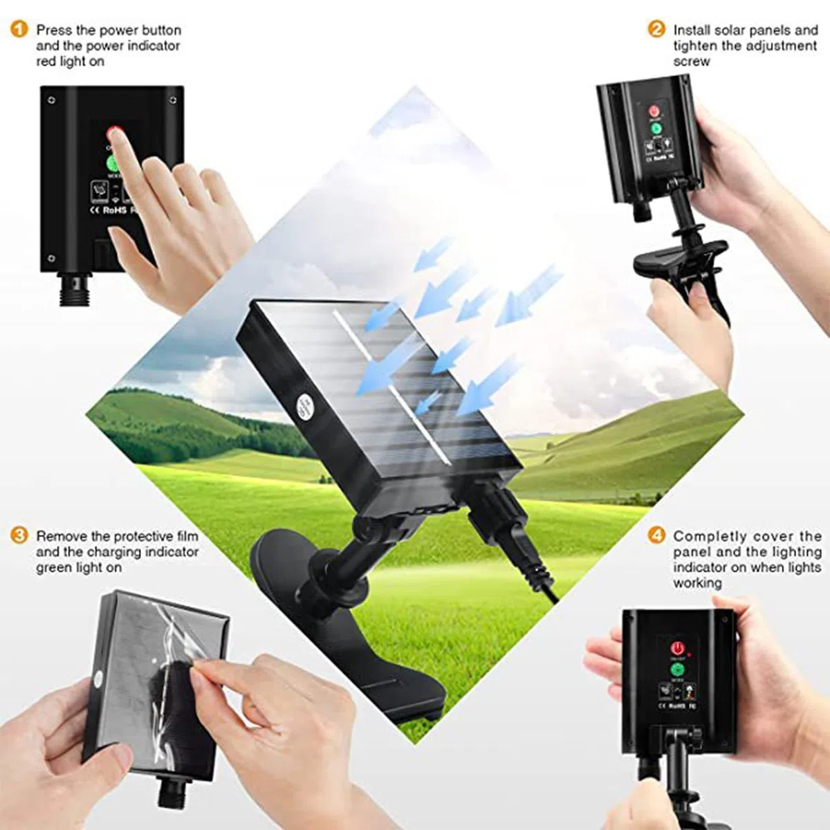 Outdoo - Ombrello a energia solare a LED con ricarica USB, con telecomando e clip, 8 modalità di illuminazione, per campeggio, giardino, decorazione per feste
