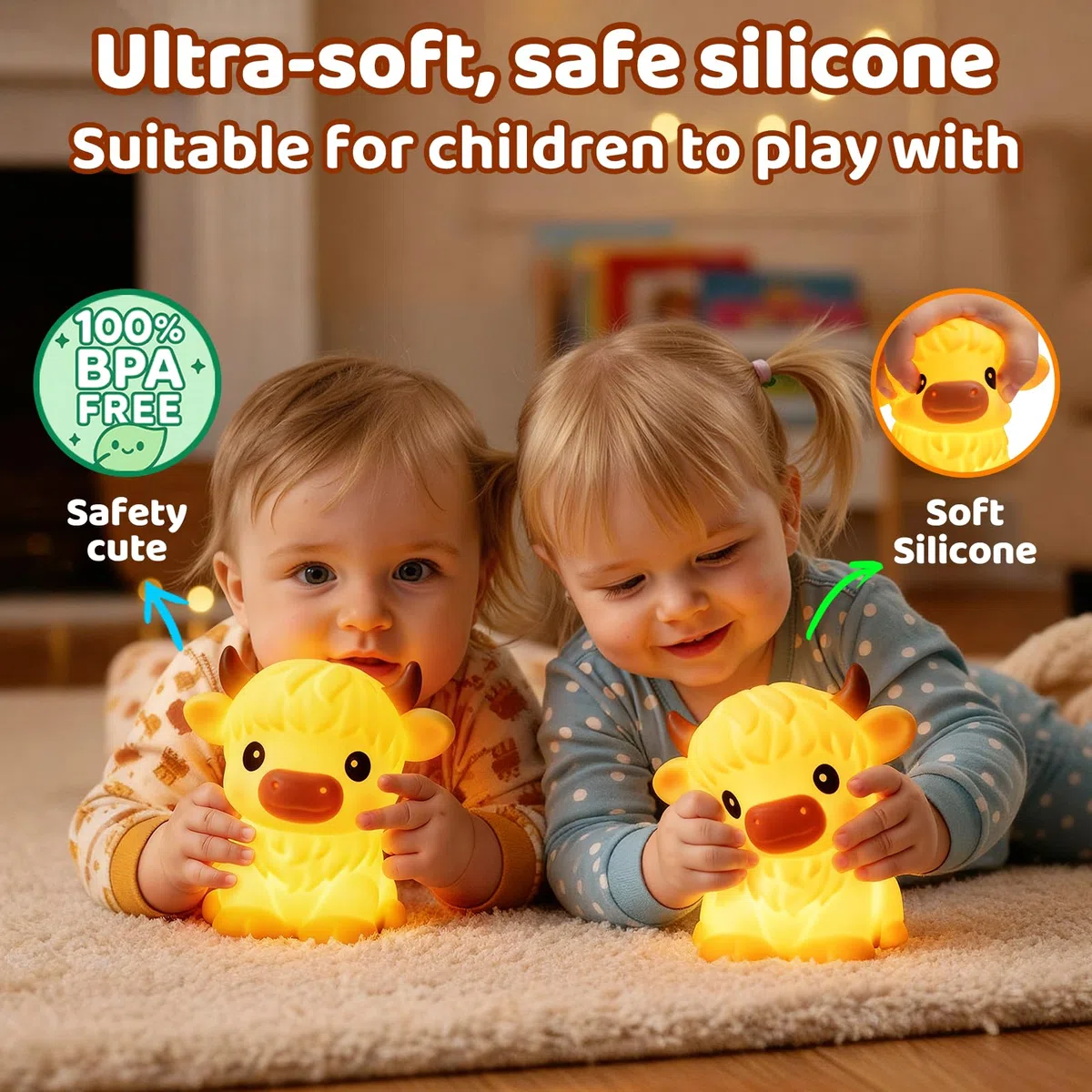 Mewaii Huggwaii, Luce notturna a forma di mucca delle Highland per bambini, dimmerabile, in silicone, a forma di mucca, con 30 timer di spegnimento automatico, decorazione carina per ragazzi e ragazze