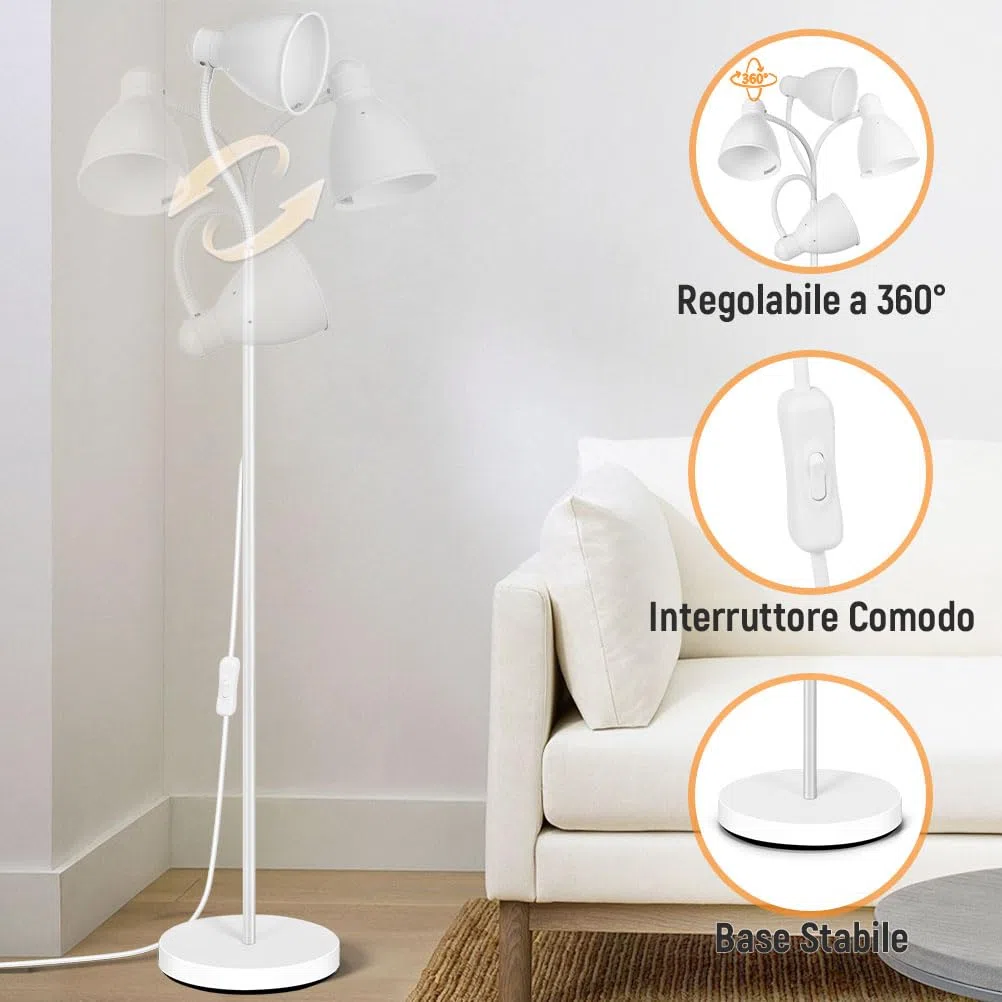 OUSFOT Lampada da Terra, 146cm Piantana Lampada da Terra E27 Max 40W(Nessuna Lampadina Inclusa) Semplice Regolabile Bianco,Adatto a Camere da Letto,Soggiorni e Uffici