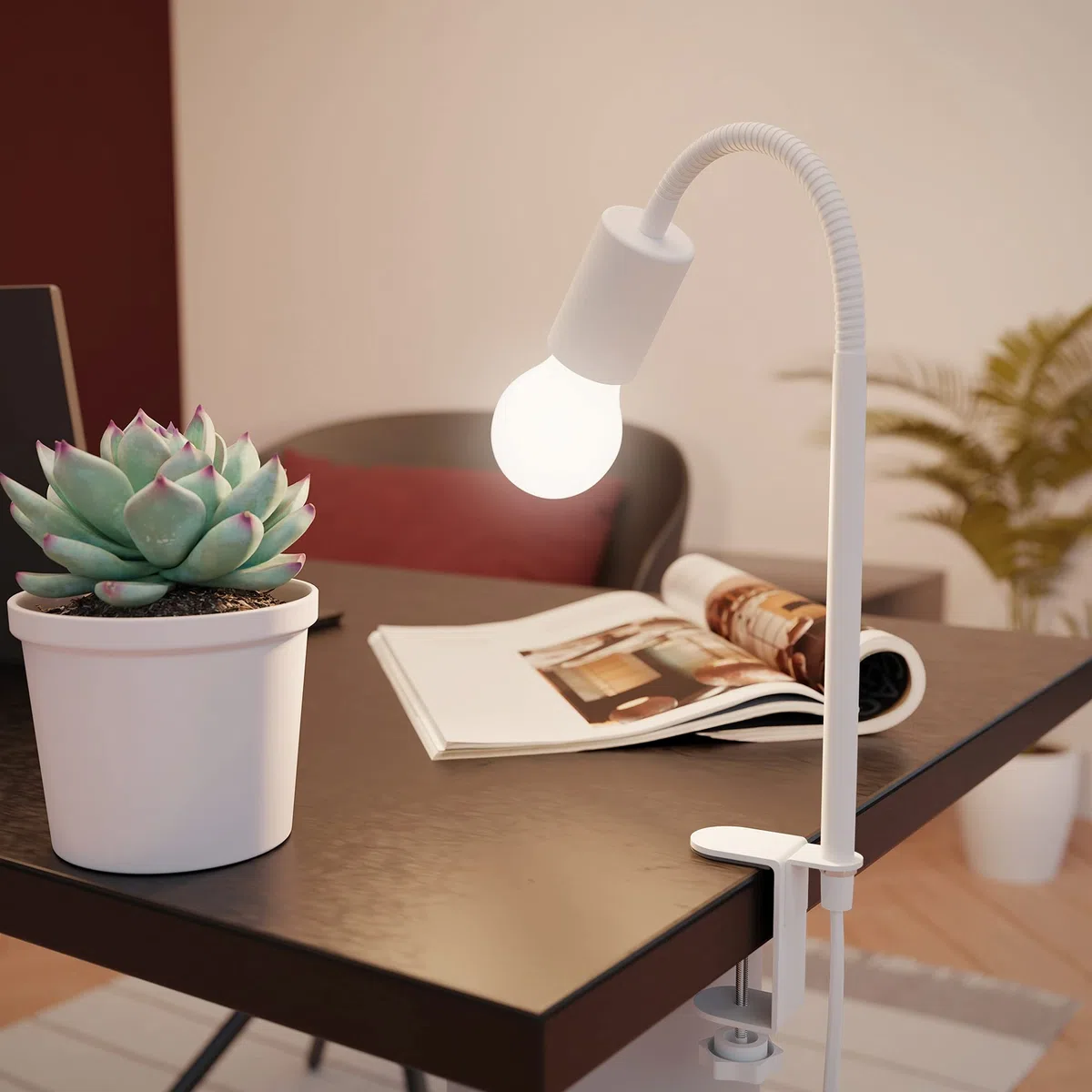 ledscom.de Lampada a morsetto, collo d'oca LELE, interruttore, bianco opaco, 1x E27 max. 60W
