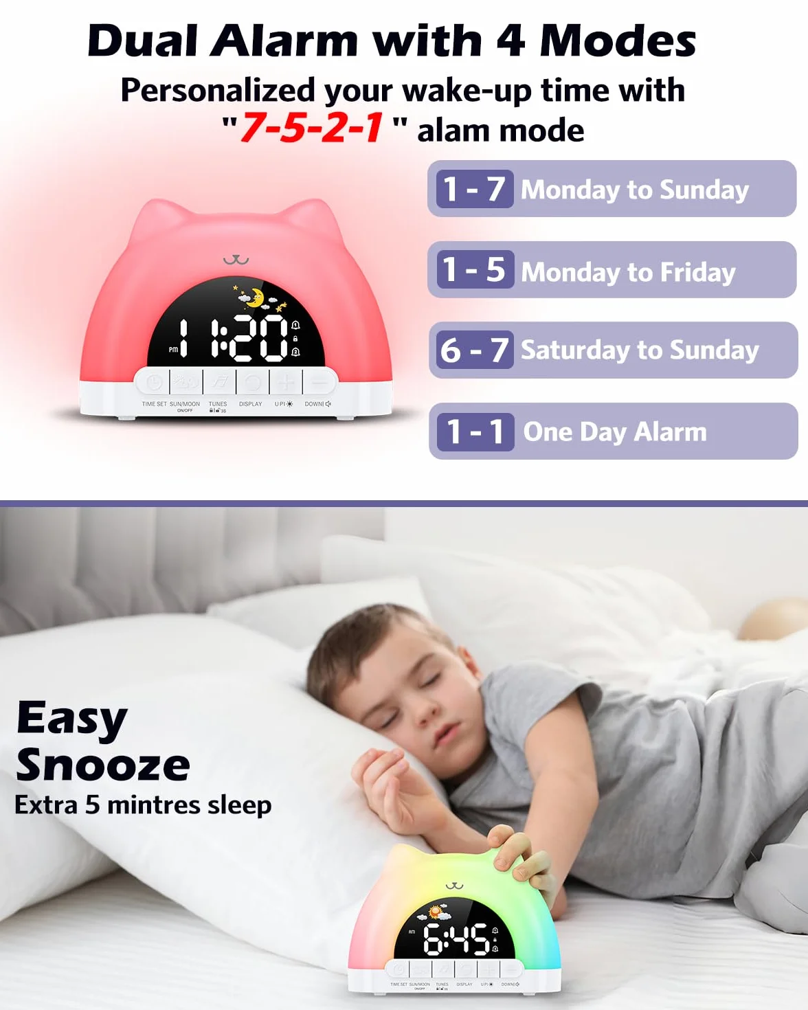 Sveglia Bambini Giorno Notte, Sveglia da Comodino con Luce Notturna a 11 Colori RGB, Snooze, 2 Allarmi, Sveglia Digitale per Bambini con Luna e Sole, Addestratore del Sonno per Bambini