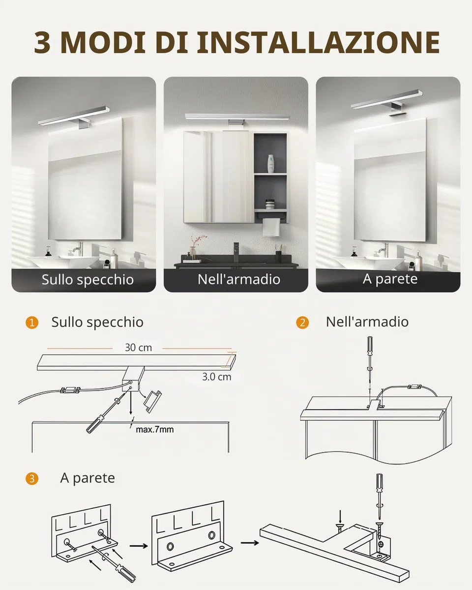 Hommie LED Applique Bagno, Luce Specchio Bagno 30CM con Interruttore, 5W/4000K, Lampada Specchio Bagno Bianco Neutro per Lampada da Armadio, Luce per Trucco, Impermeabile IP44