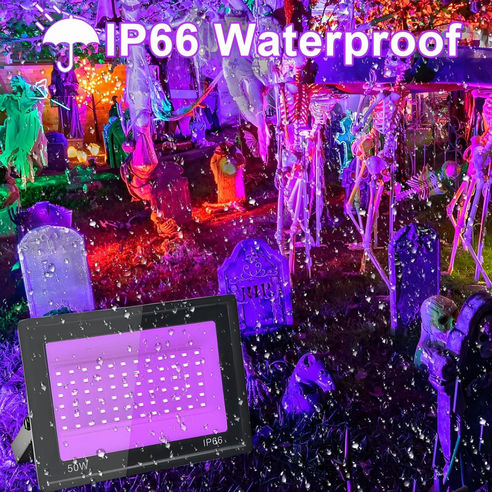 50W Faretto UV LED, IP66 Impermeabile Luce Nera UV, 395-400nm LED Luce Nera, Lampada uv Con Interruttore per Halloween, Pittura Del Corpo, Poster Fluorescente, Bar, Acquario, Festa Al Neon