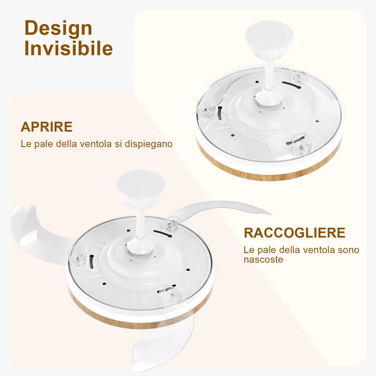 Ventilatore da Soffitto con Luce e Telecomando, 3 Pale Retrattili, Reversibile LED Lampada Ventilatore da Soffitto Dimmerabile, 6 Velocità, Silenzioso Motore DC per Camera da Letto, Soggiorno