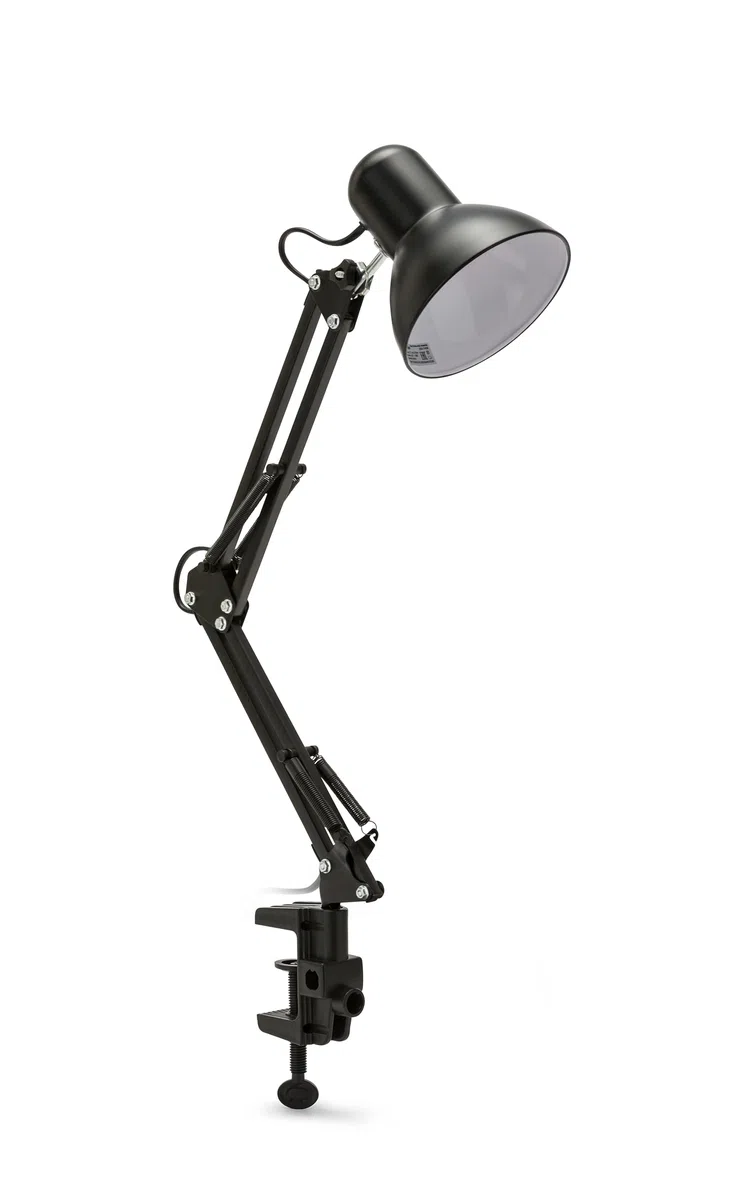 VELAMP - Lampada da Tavolo con Braccio Regolabile Charleston XL, Lampada da Scrivania Design Moderno, Abat Jour da Comodino per Lettura con Pinza da Tavolo - Attacco Lampadina E27, Cavo 150cm - Nera