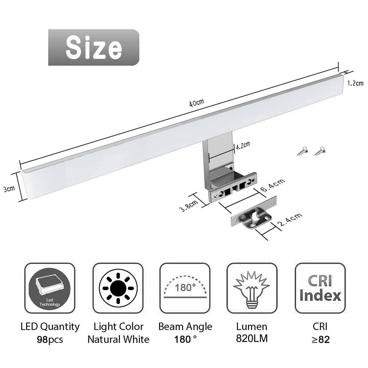Aourow Lampada Specchio a LED/Lampada Specchio Bagno 10W 820lm 40cm Bianco Neutro 4000K,IP44 230V,Lampada LED Armadio in Acciaio al Nichel-Cromo,Lunghezza Prodotto:400mm