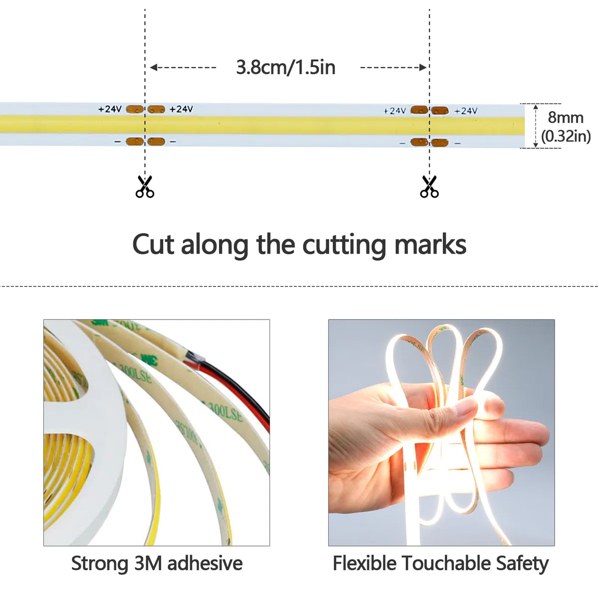 GOMING 24V 10M COB Striscia LED Bianco Freddo 6000K CRI 93+ Alta Densità 312LED/M 6300lm Non Impermeabile IP20 Flessibile Luci LED per Soggiorno Bar(Senza Alimentazione)