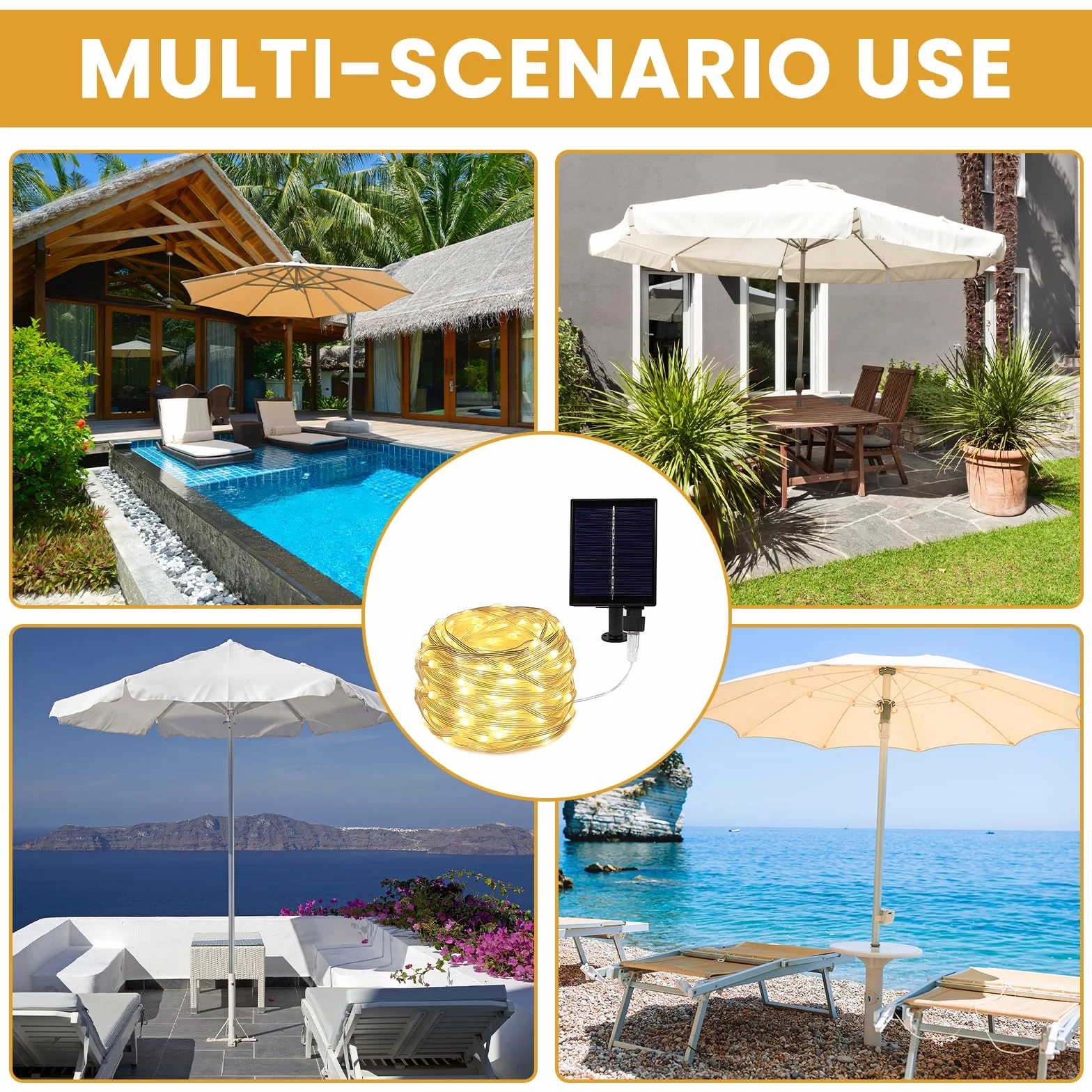 PORFOYO Catena di luci per ombrellone solare, illuminazione con telecomando, 8 modalità, 104 LED, luci per ombrello, IP67, impermeabili da giardino