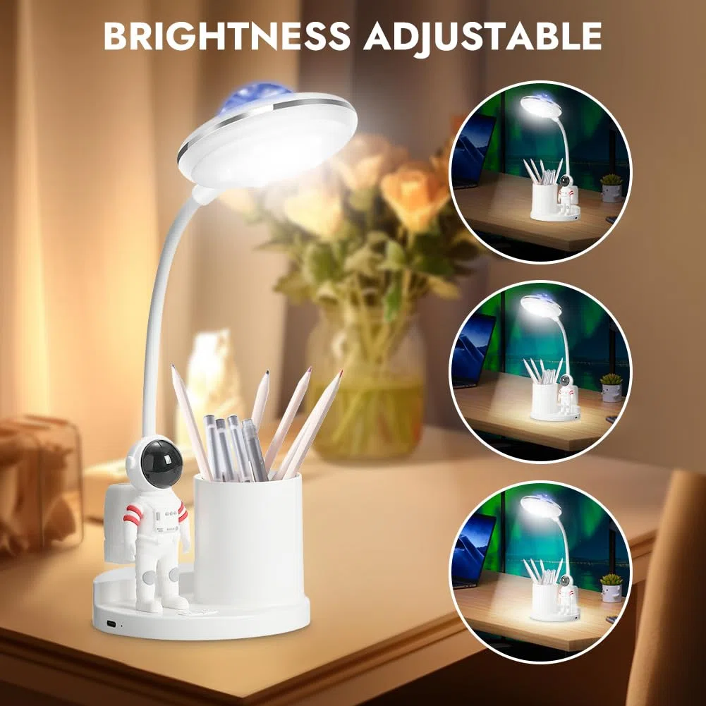 Lampada da scrivania LED per bambini, astronauta, lampada da tavolo portatile con supporto per penna, proiettore di cielo stellato, lampada da comodino, lampada da scrivania, dimmerabile, ricaricabile