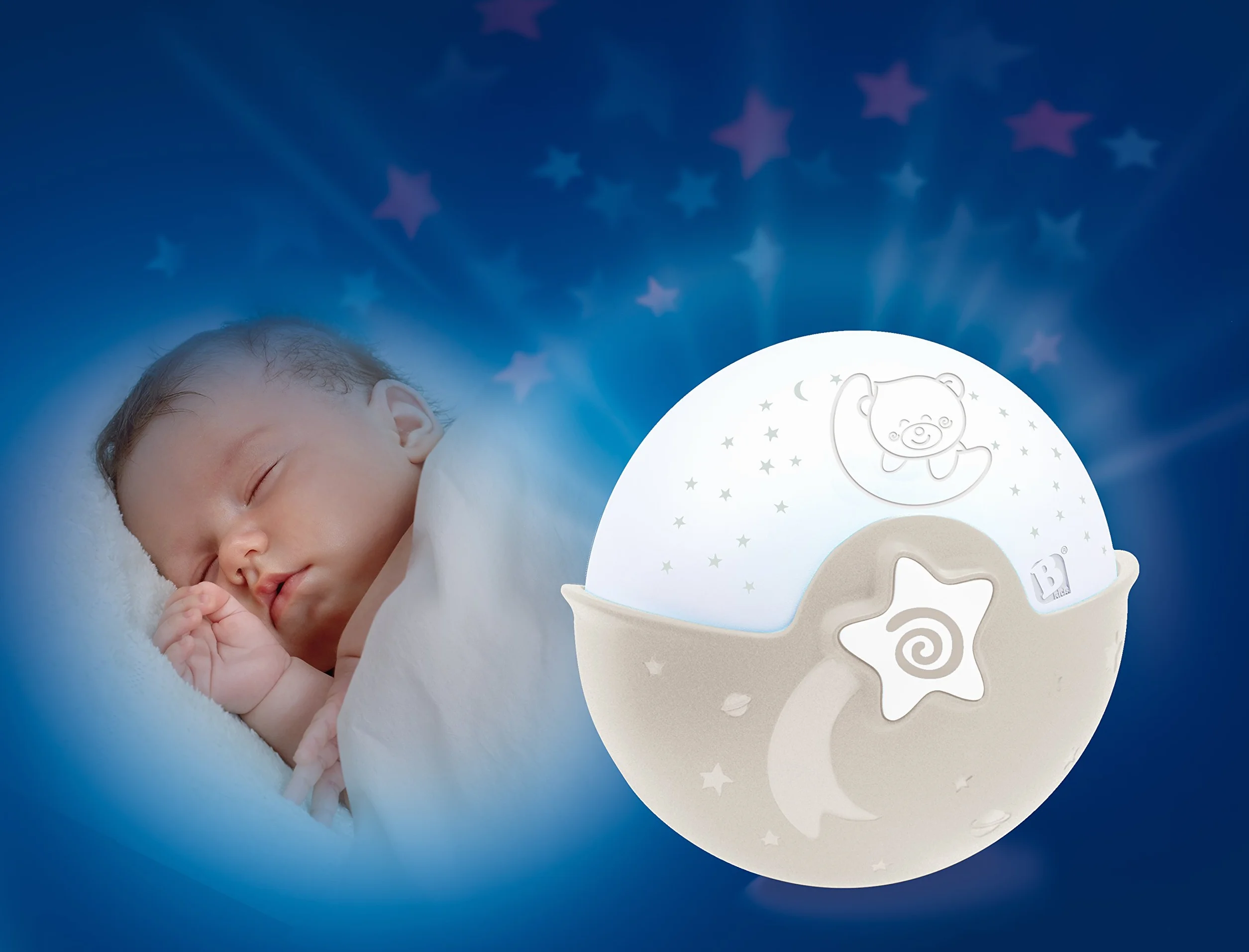 Infantino Luce Rilassante e Proiettore - Clip per Culla con Design Grow-with-Me, Proiettore Notte Stellata da Tavolo con Melodie Integrate e Sensori Sonori, Grigio