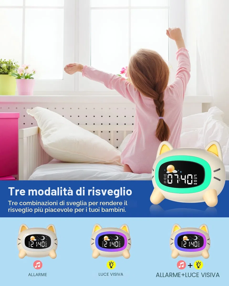 Uplayteck Sveglia per Bambini, Sveglia da Comodino per Bambine con 5 Luci Notturne & 4 Livelli di Luminosità, USB Ricaricabile Sveglie Luce Notturna con Snooze & 2 Allarme, Digitale LED con 7 Musica
