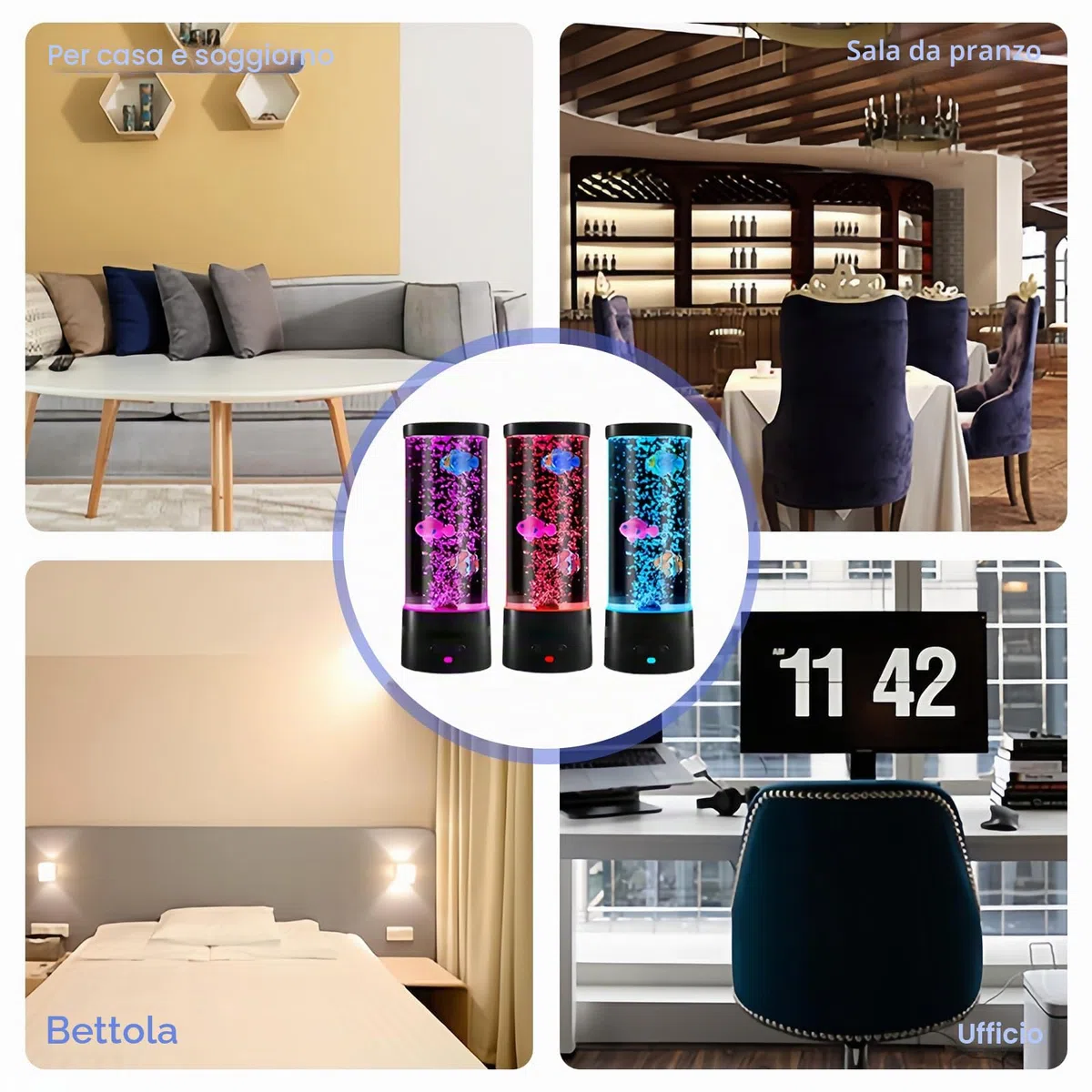 Lampada Lavica a Bolla Con Pesce - Telecomando, 16 Colori e 4 Modalità - Acquario d'Atmosfera LED Con Cavo USB per Casa, Camera da Letto