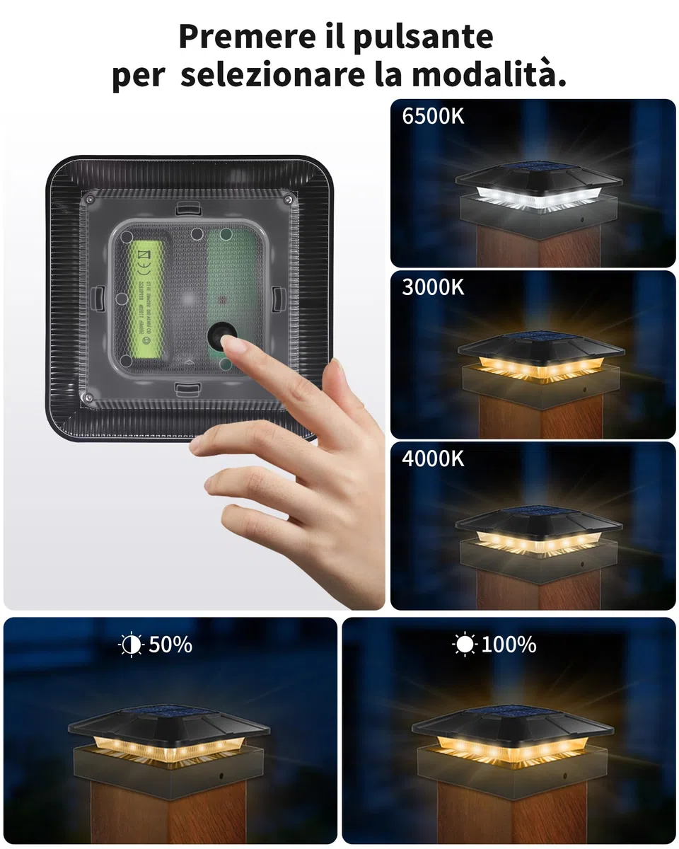BRIMAX Plafoniera Solare per Pali 10x10 CM, 3 Temperature Colore 3000K/4500K/6000K, Regolabile 50%/100%, Autonomia 12-20H, Impermeabile IP65, Luce LED per Pali di Recinzione/Giardino/Terrazza, 2 Pezzi