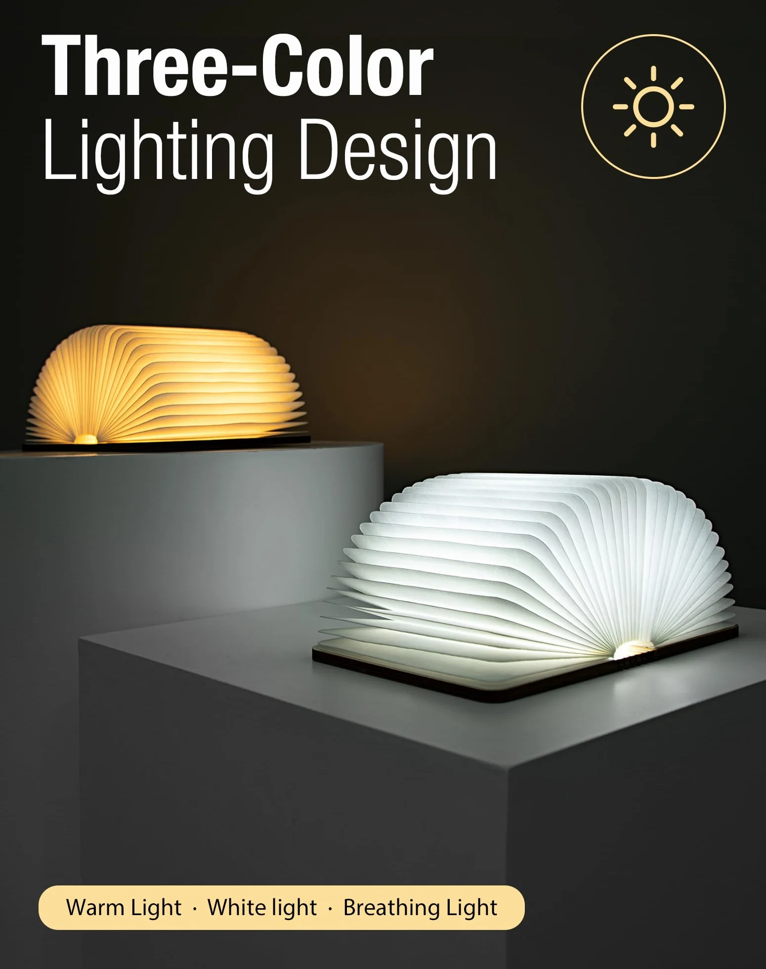 Lampada da Libro in Legno, Lampada Pieghevole a 3 Colori, Luce Ambientale LED con USB-C, Regalo di Natale e Compleanno (12 cm in Noce)