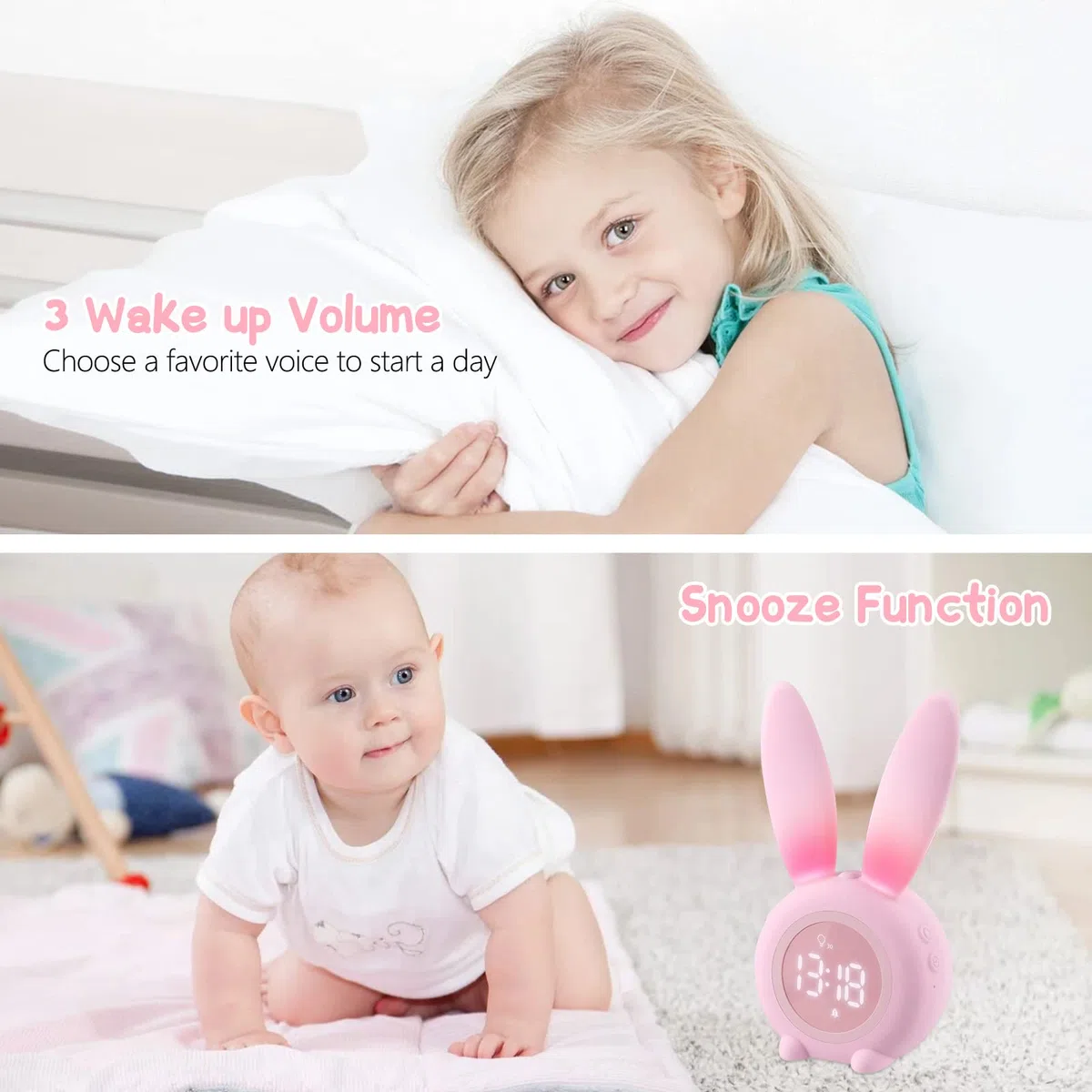 Sveglia Bambini, Carina Sveglia Coniglio comodino con Luce Notturna Funzione Snooze Timer, Ricaricabile Induzione Wake up Light - Rosa