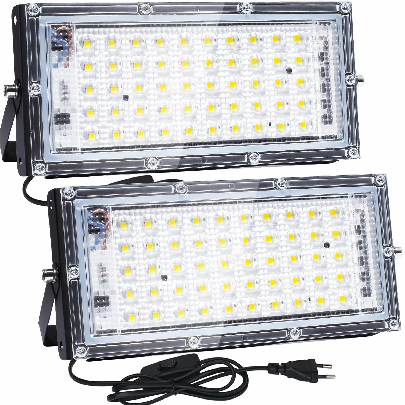 CREATESTAR Faretto LED da Esterno 50W,2 Pezzi Faro LED Esterno, 5000LM 6500K Luce Bianca Fredda, IP65 Impermeabile Faretti Led con Spina per Porte, Corridoio, Garage, Cortile e Giardino