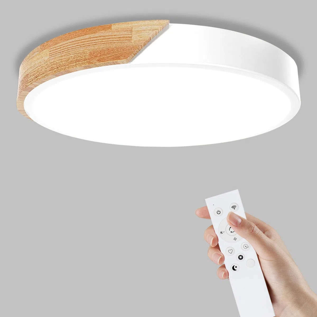 Yexati Plafoniera a LED con Temperatura di colore Regolabile,32W 3000K/4000K/6000K 3200LM, IP54, Plafoniera Led Soffitto Moderna in Legno Con telecomando,Adatto a Soggiorno,Camera da letto, Bianco